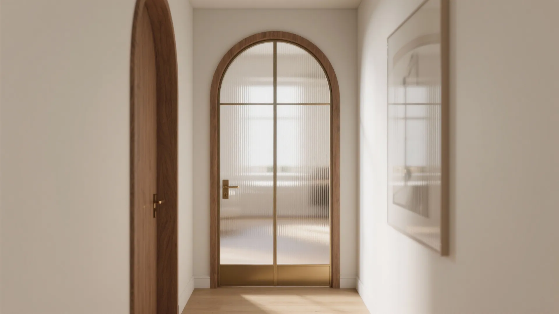 Modern hallway featuring an arched glass door with gold frame and vertical lines on glass