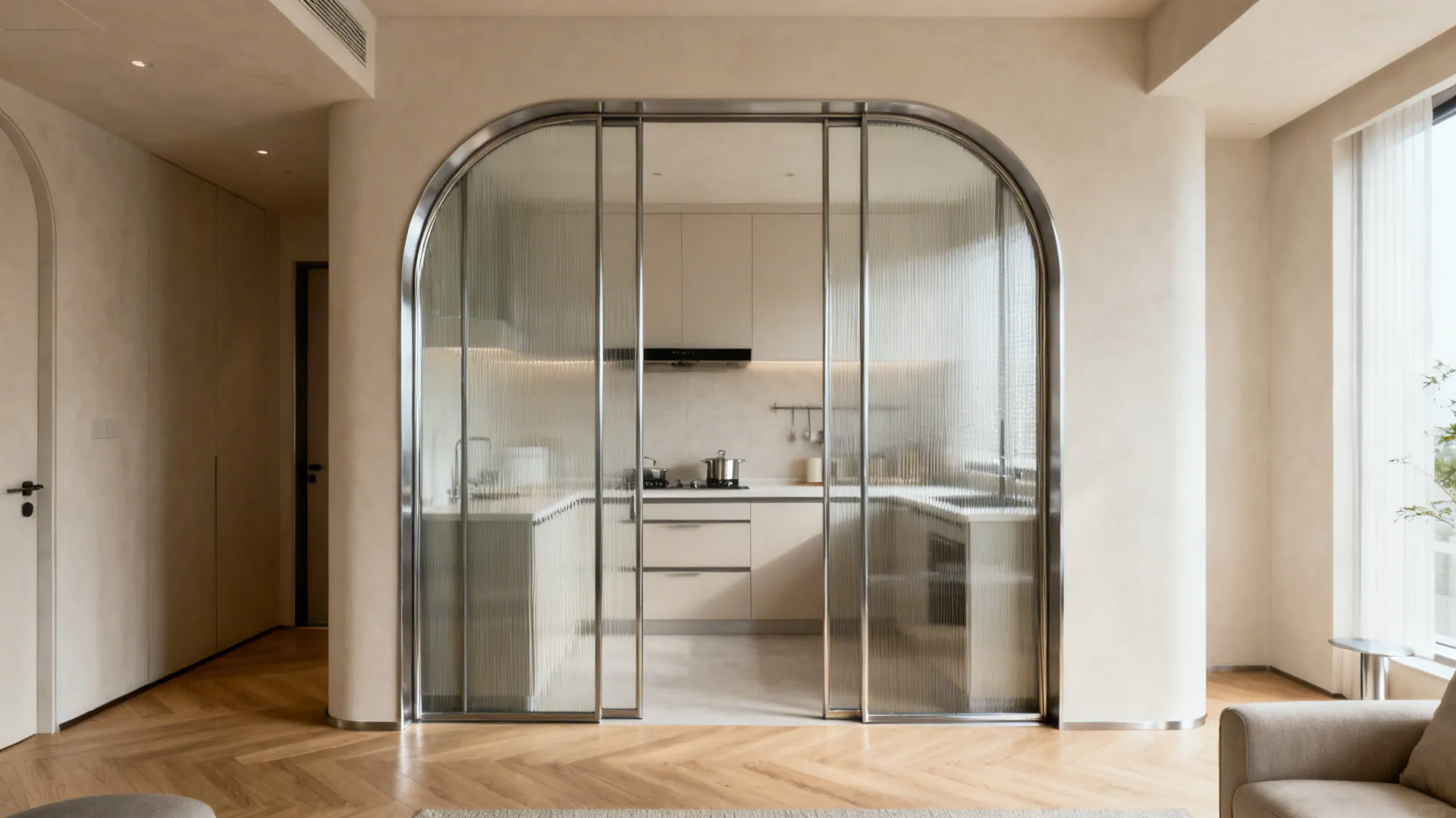 Compact kitchen enclosed by arched steel-framed reeded glass doors maintaining sightlines and daylight.
