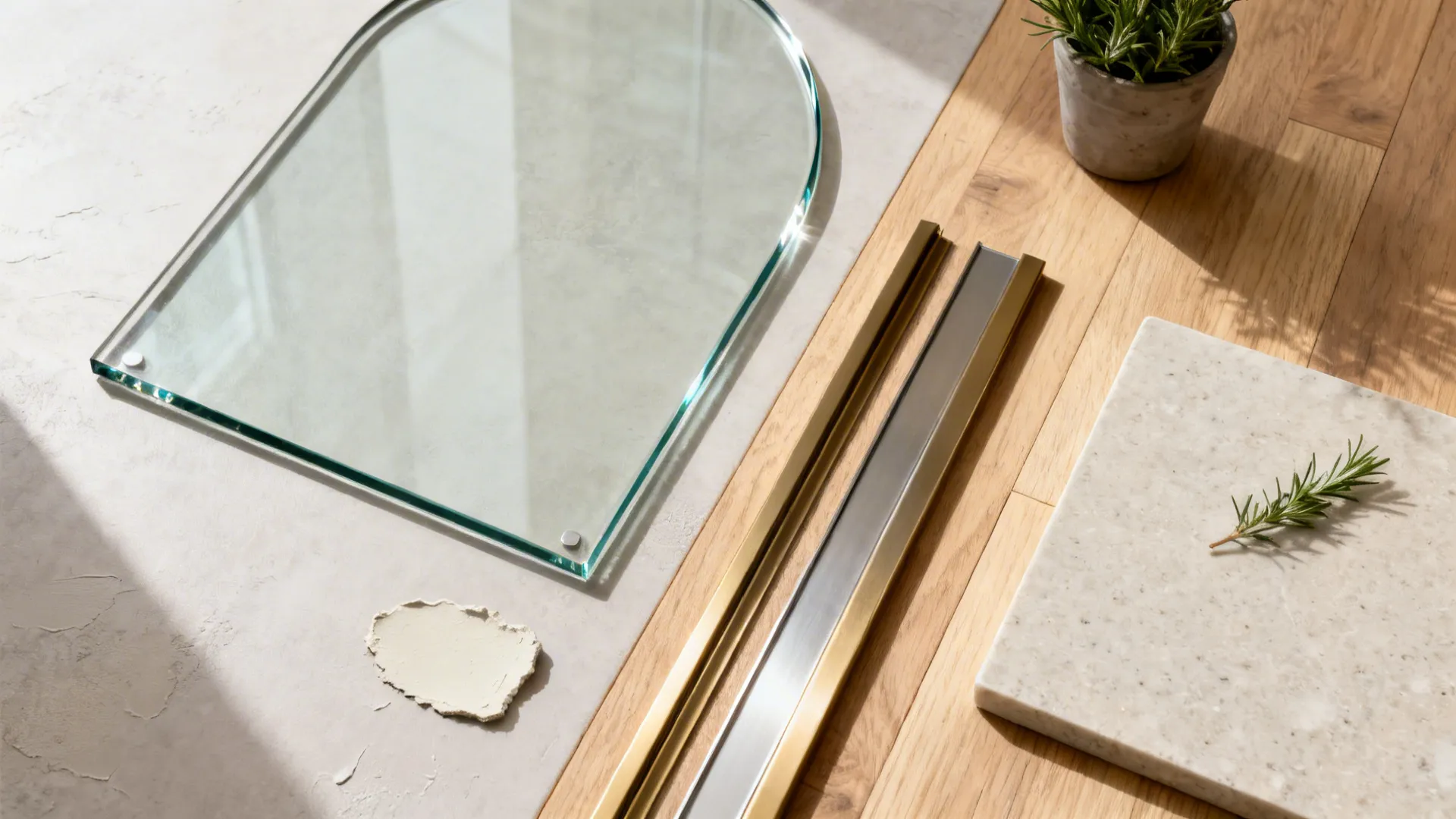 Flat lay of low-iron glass, slim frame finishes, plaster, oak, and quartz for an arched pass-through.