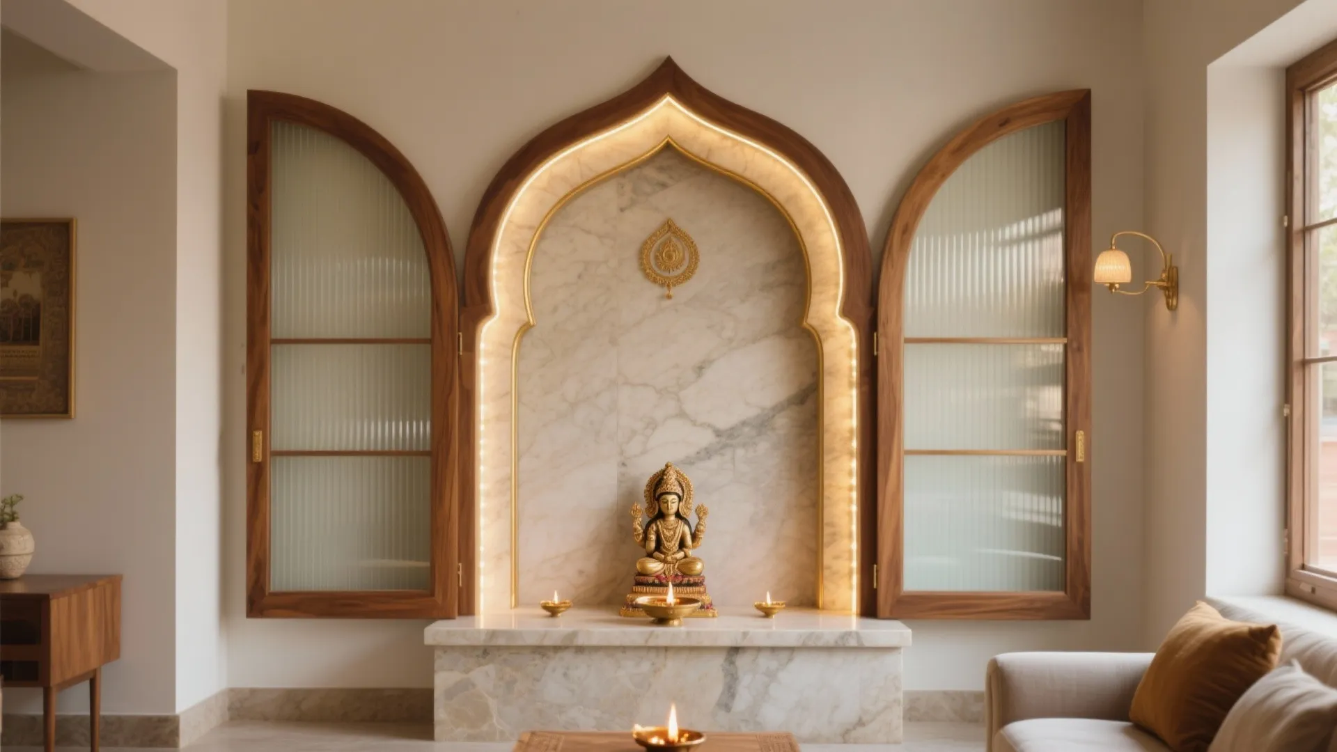 Arched Wood-and-Stone Frame With Fluted Glass Sides