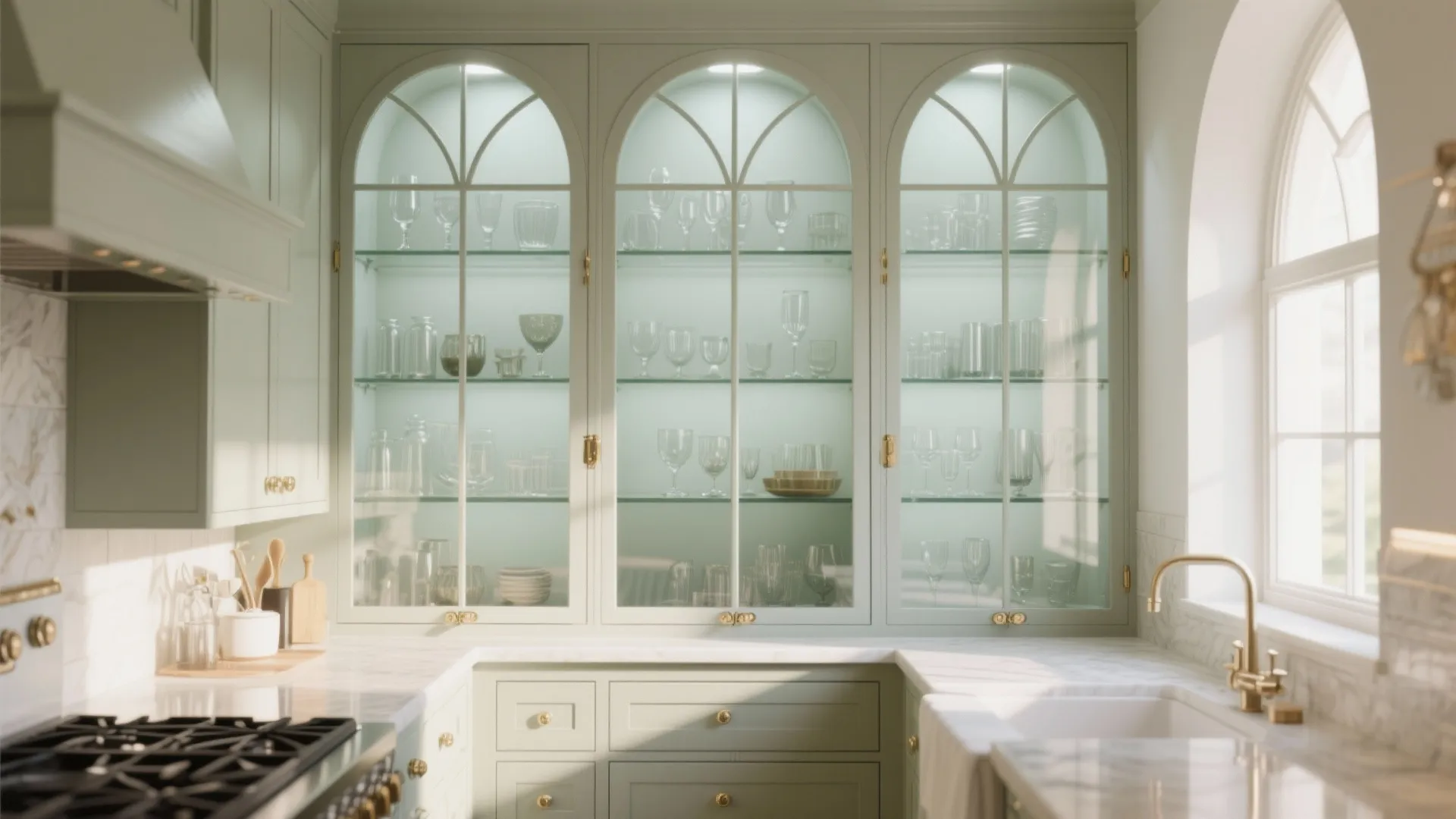 Kitchen with arched glass cabinet doors that bring light and depth to a tight space, showing mullions and curated shelves.