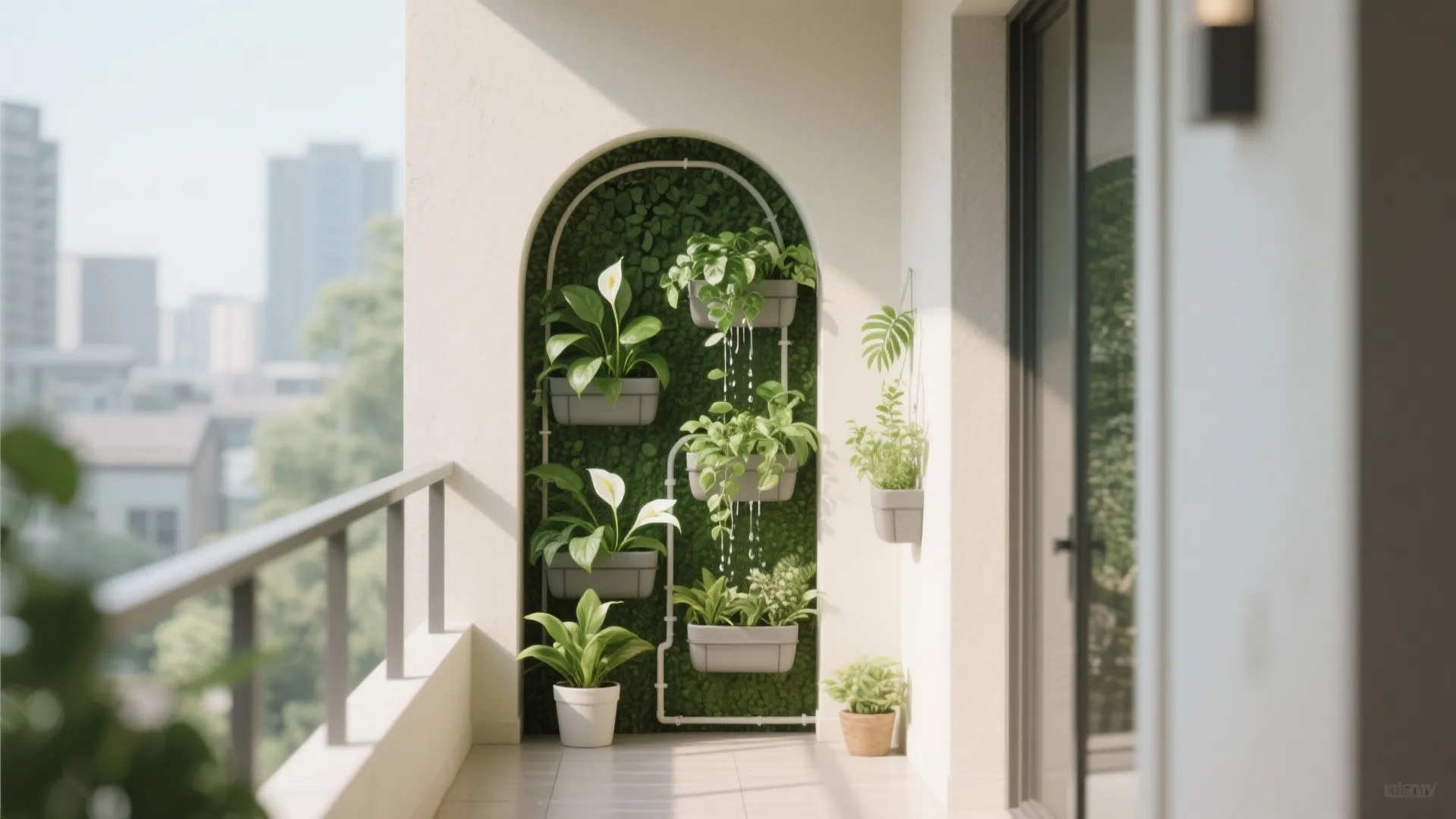 Outdoor balcony wall featuring an arched green plant display with white pots and small leaves