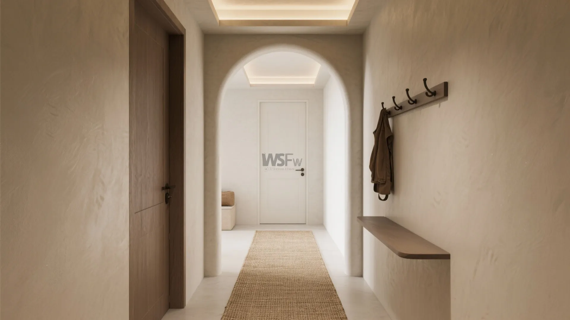 Minimalist hallway with an arched doorway leading to a white door and a long floor rug
