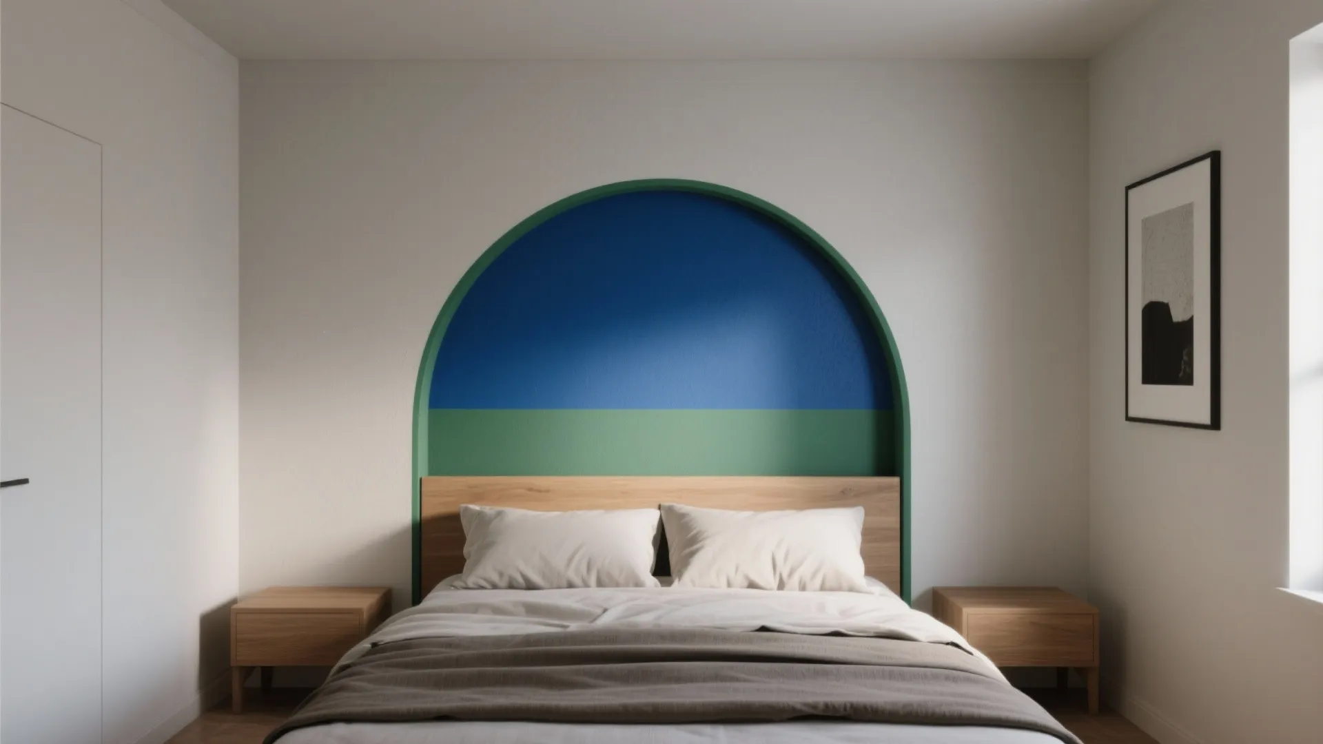 Modern bedroom with wooden bed frame plus unique blue and green arched wall design feature