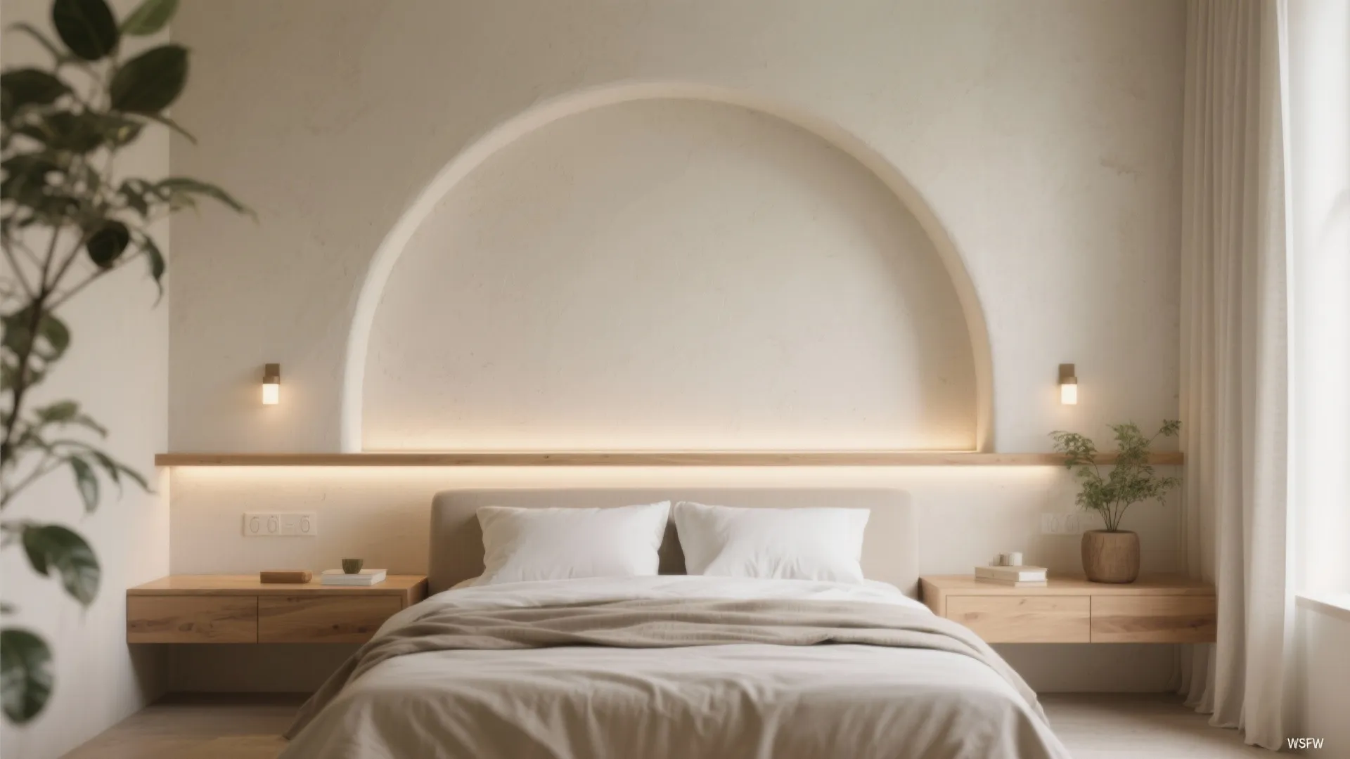 Modern bedroom with arched wall feature warm lighting wooden bedside tables and clean white bedding