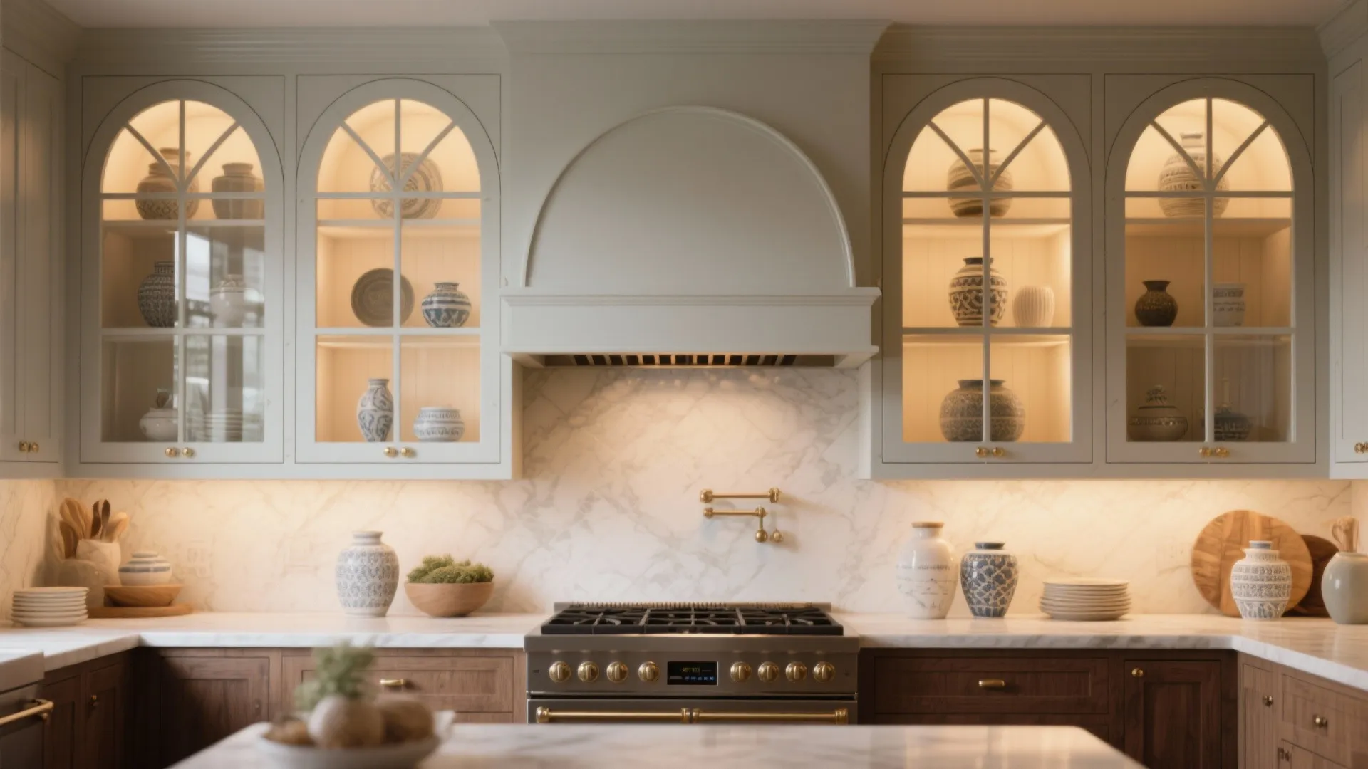2. Arched Upper Cabinets Above the Range