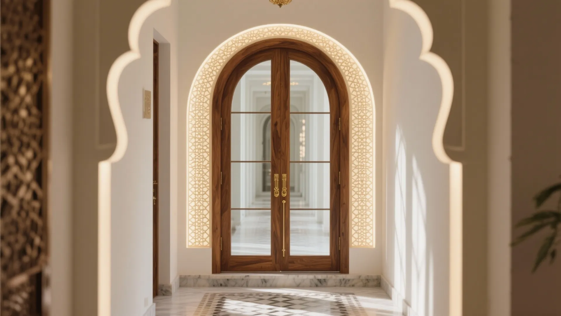 Arched teak frame mandir with clear double glass doors and slim jaali side panels casting soft patterned shadows in a hallway.