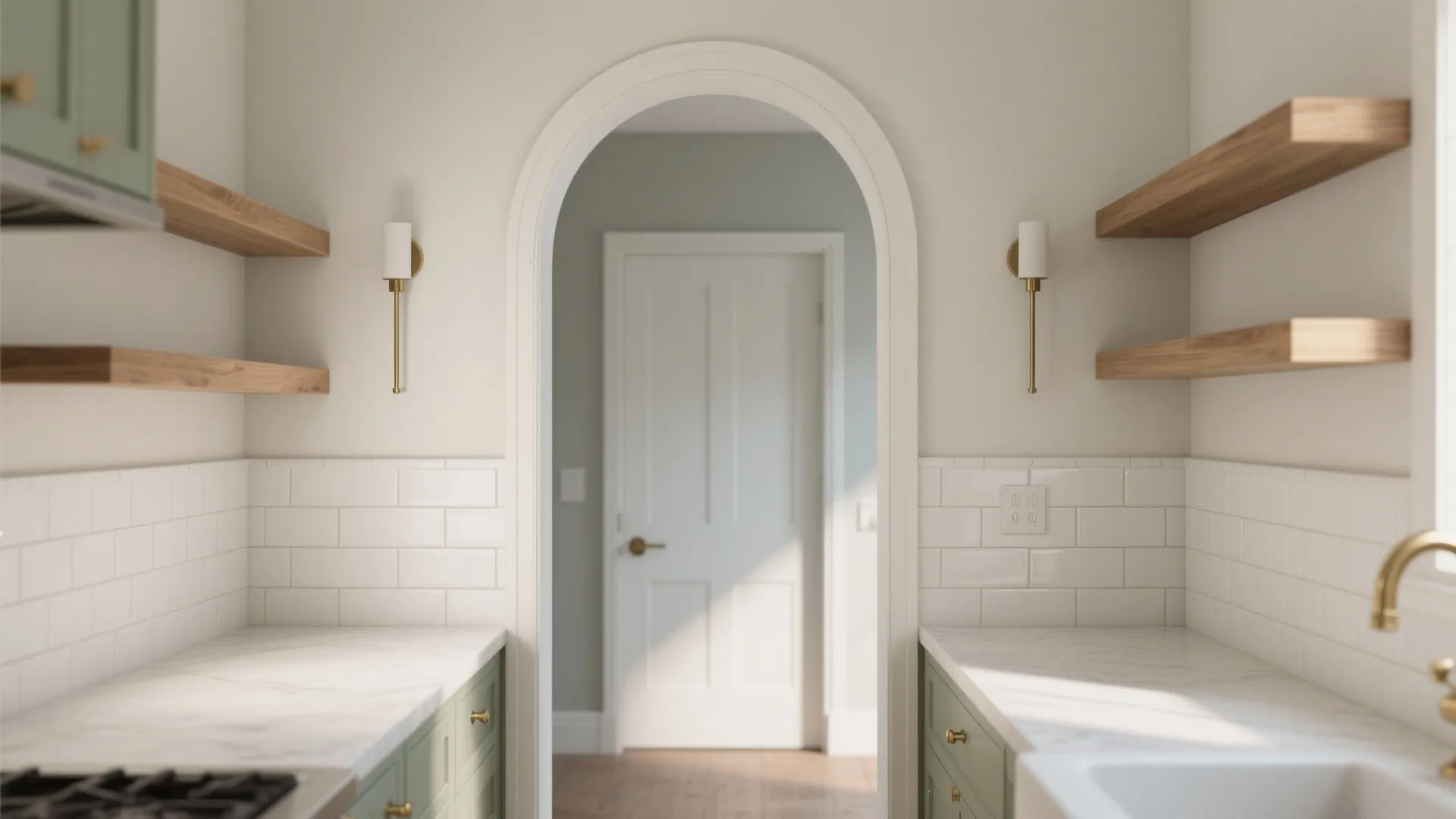 Modern kitchen view through arched doorway featuring green cabinets white tile backsplash and wooden shelves