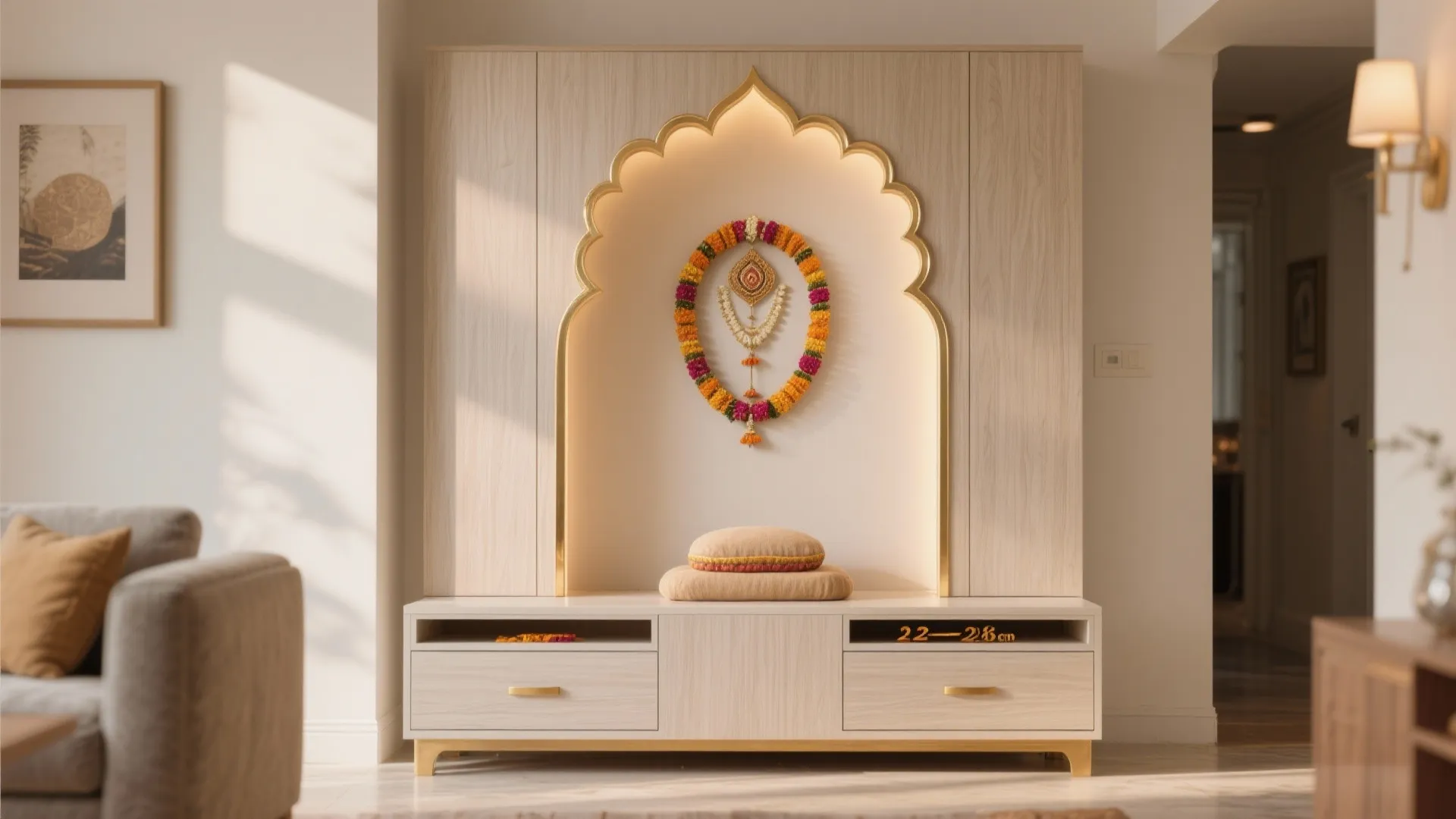 Traditional arched pooja backdrop with matte laminate and concealed plinth drawers.