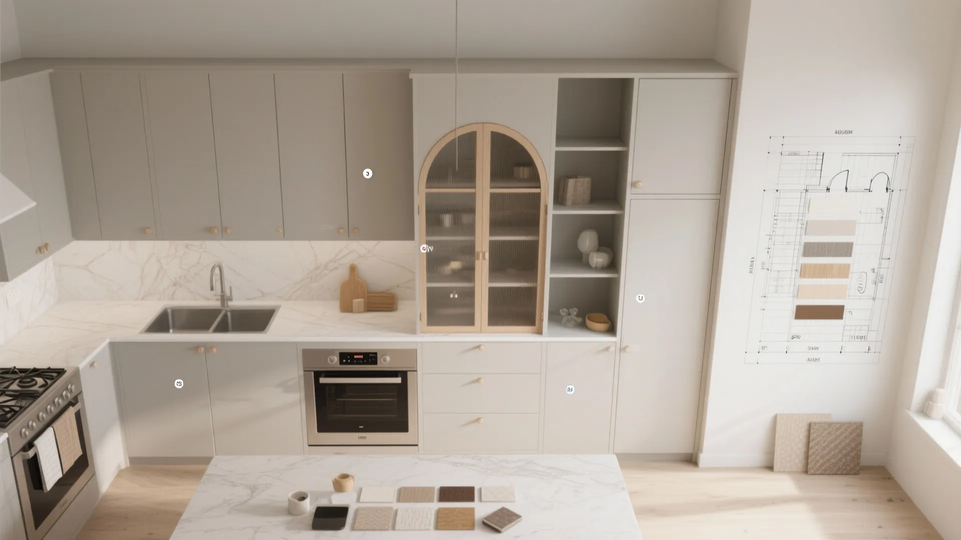 Top-down kitchen layout mockup showing one custom arched cabinet mixed with stock units and material samples.