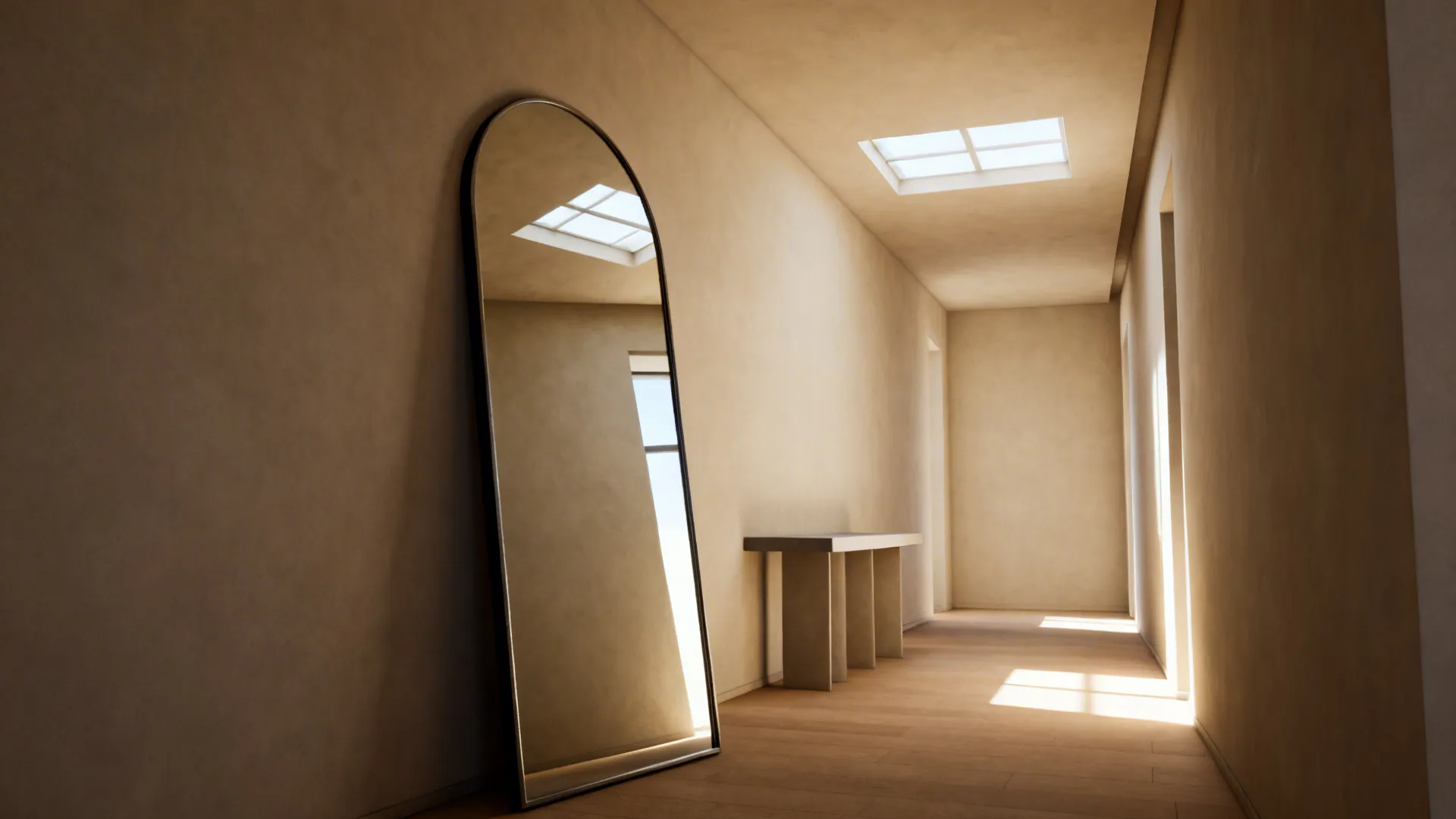 Arched floor-to-wall leaner mirror angled to reflect ceiling height and window light in a narrow living area