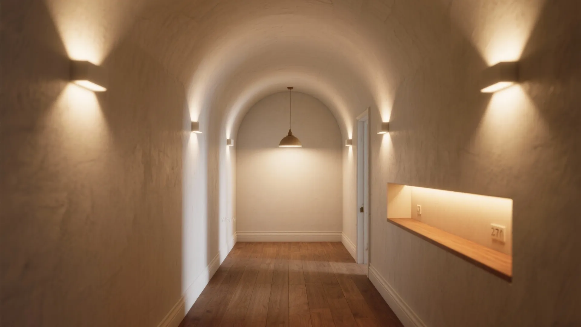 Long hallway with arched ceiling wall lights wooden flooring and a single hanging ceiling light