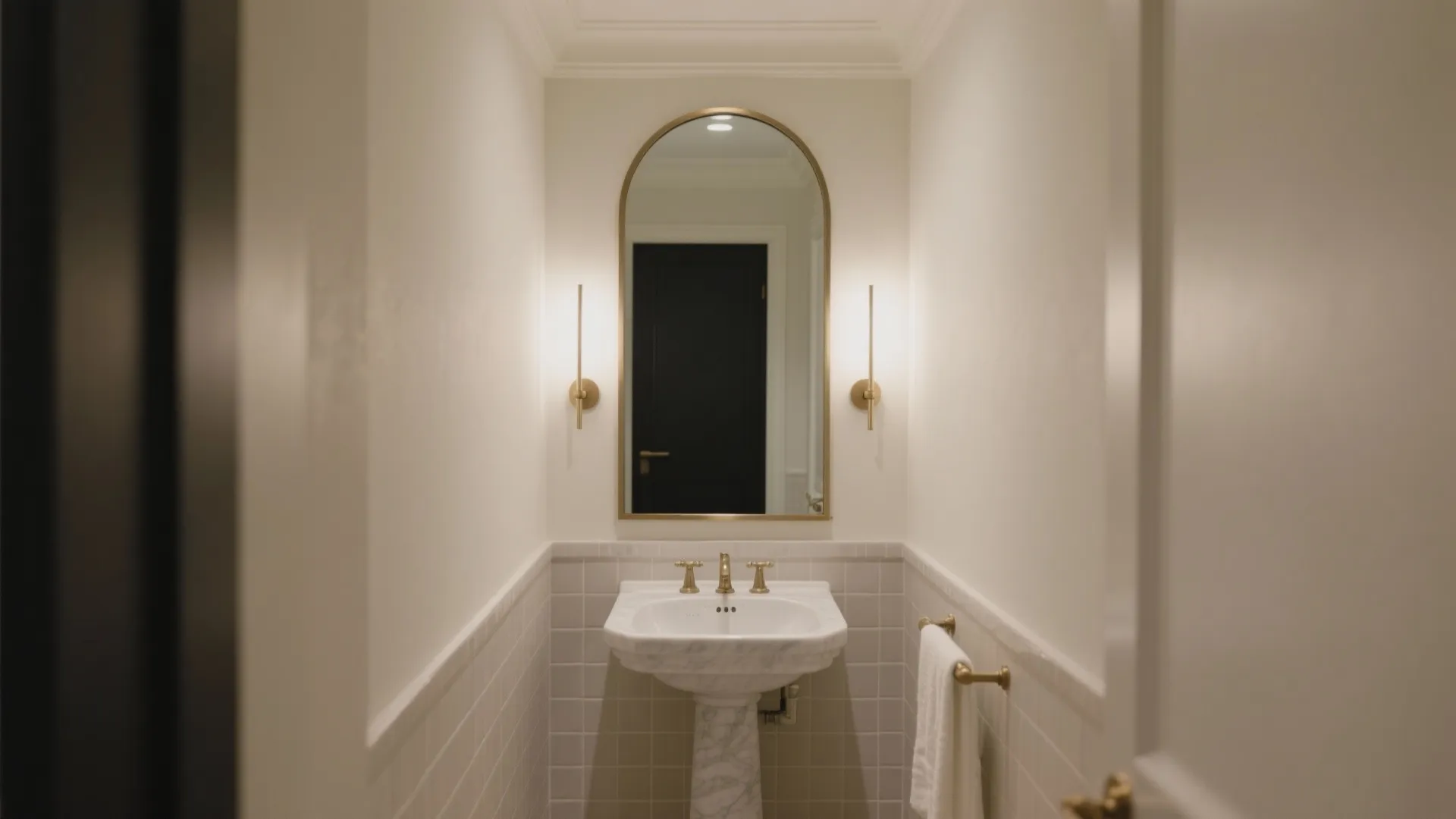 Small powder room with marble pedestal sink gold wall lights and an arched gold mirror