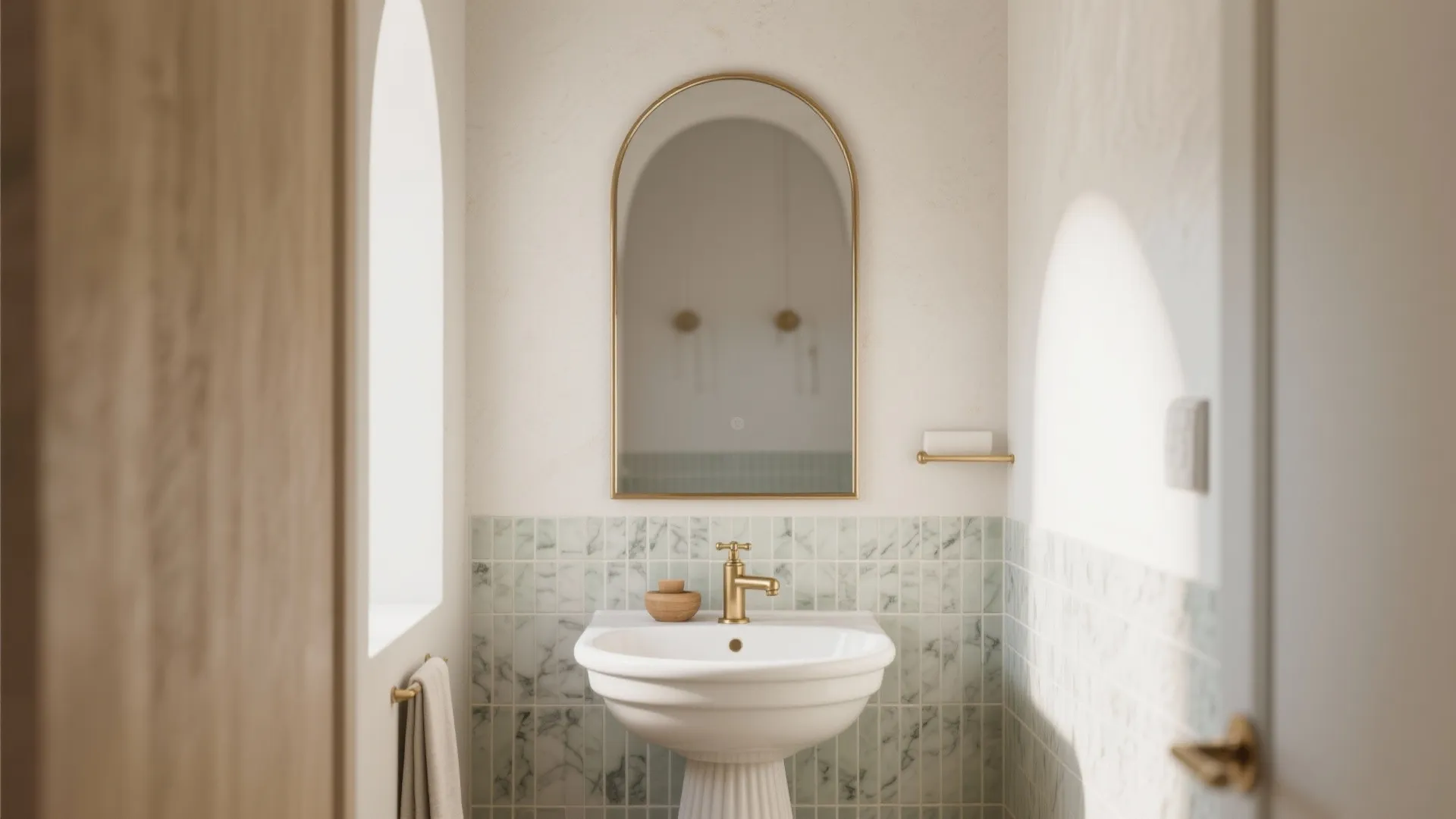 Elegant bathroom with arched gold mirror white pedestal sink green marble wall tiles and gold faucet