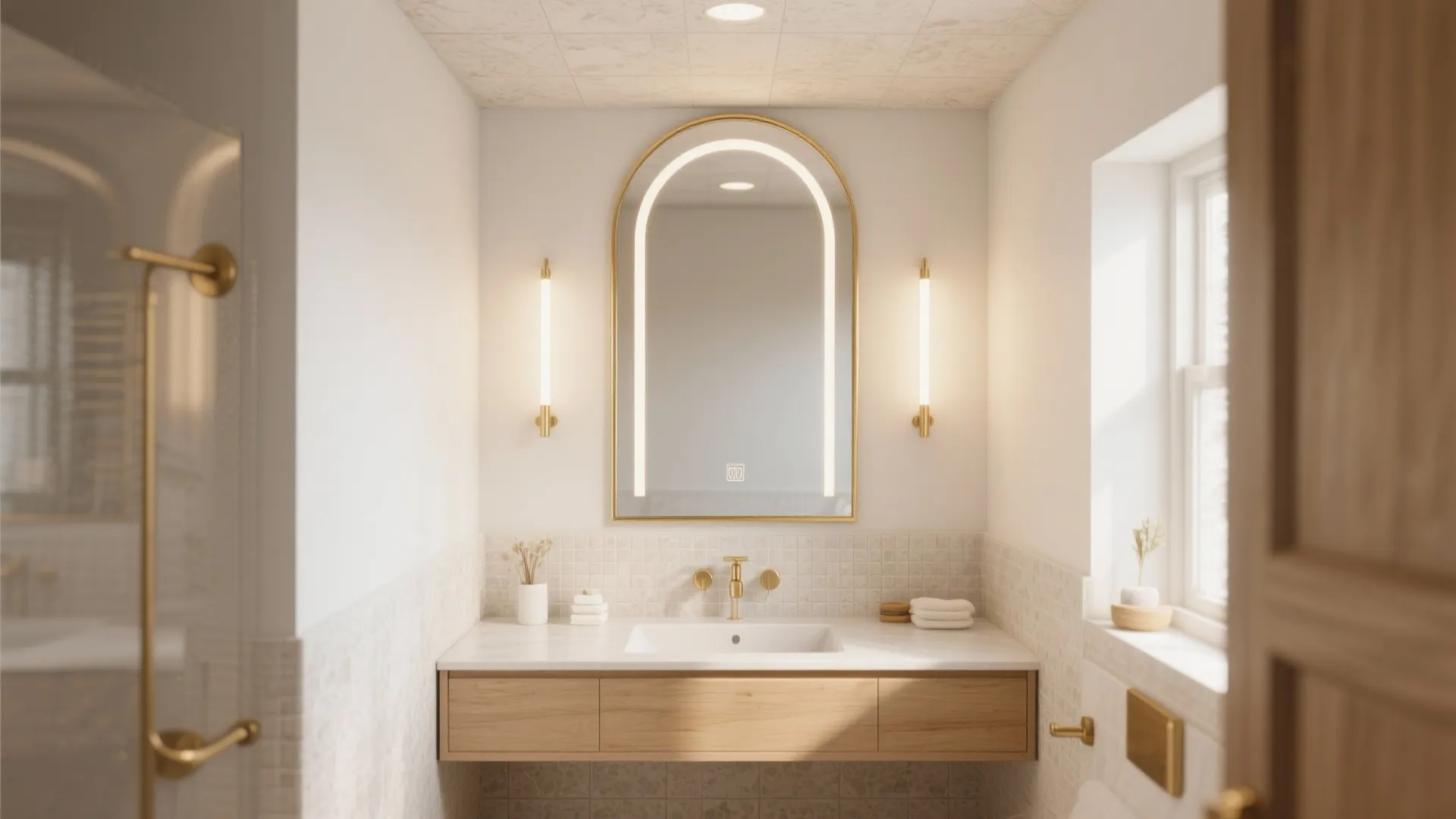 Modern bathroom with arched lighted mirror gold faucet white sink wooden cabinet and wall lights