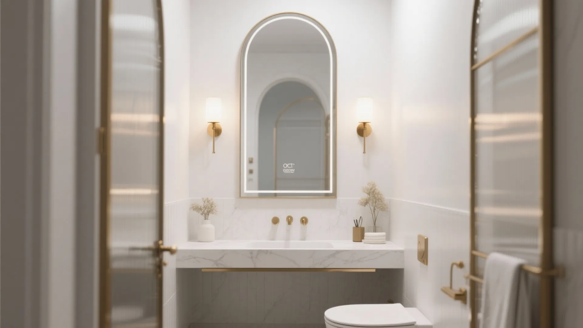 Bright white bathroom featuring arched lighted mirror marble floating sink and gold wall light fixtures