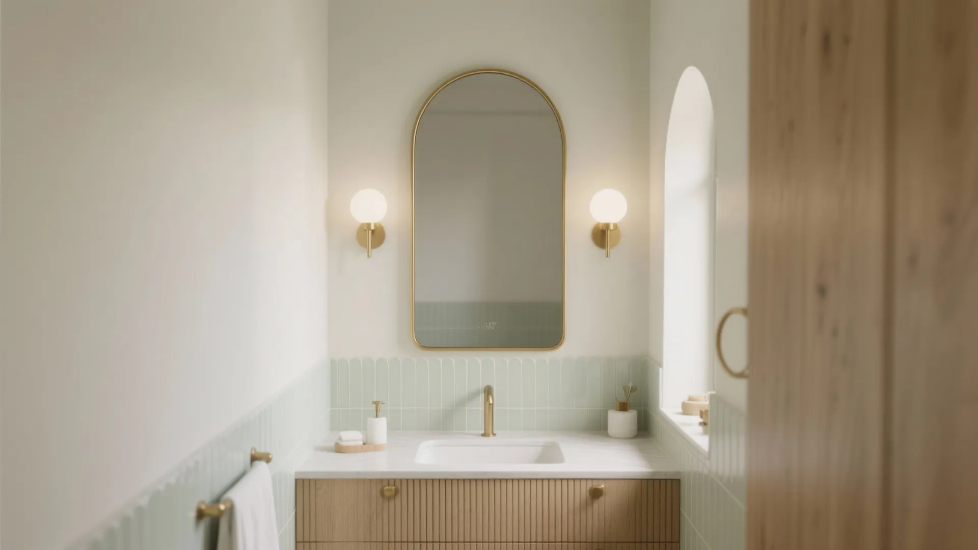 Arched mirror with a slim brass frame over a narrow vanity in a calm, soft-lit bathroom.