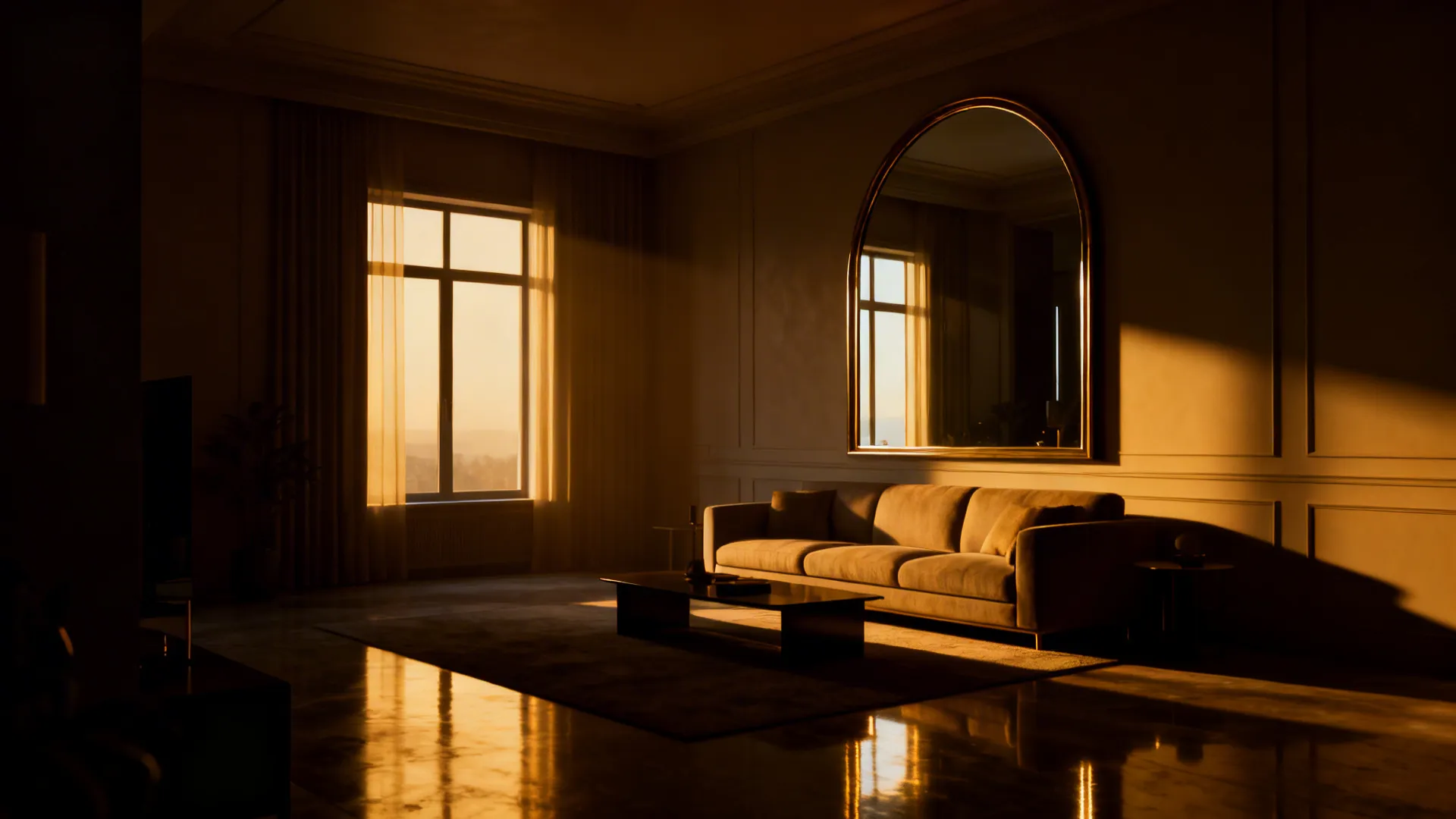 Living room with a large arched mirror above the sofa reflecting light and visually expanding the space.