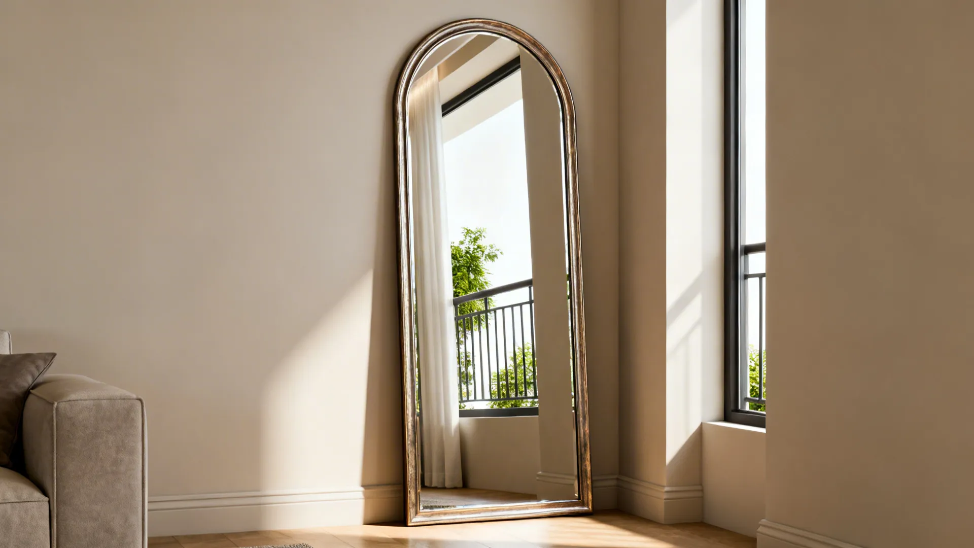 Large arched floor mirror leaning against a beige wall next to a window showing balcony