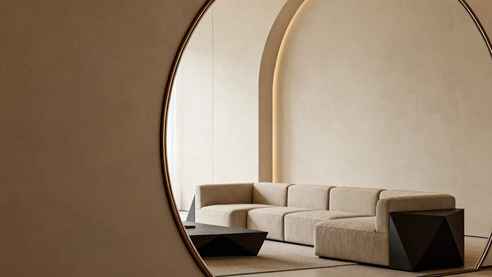 Curved round mirror softening the lines of a modular sofa and angular living room furniture.
