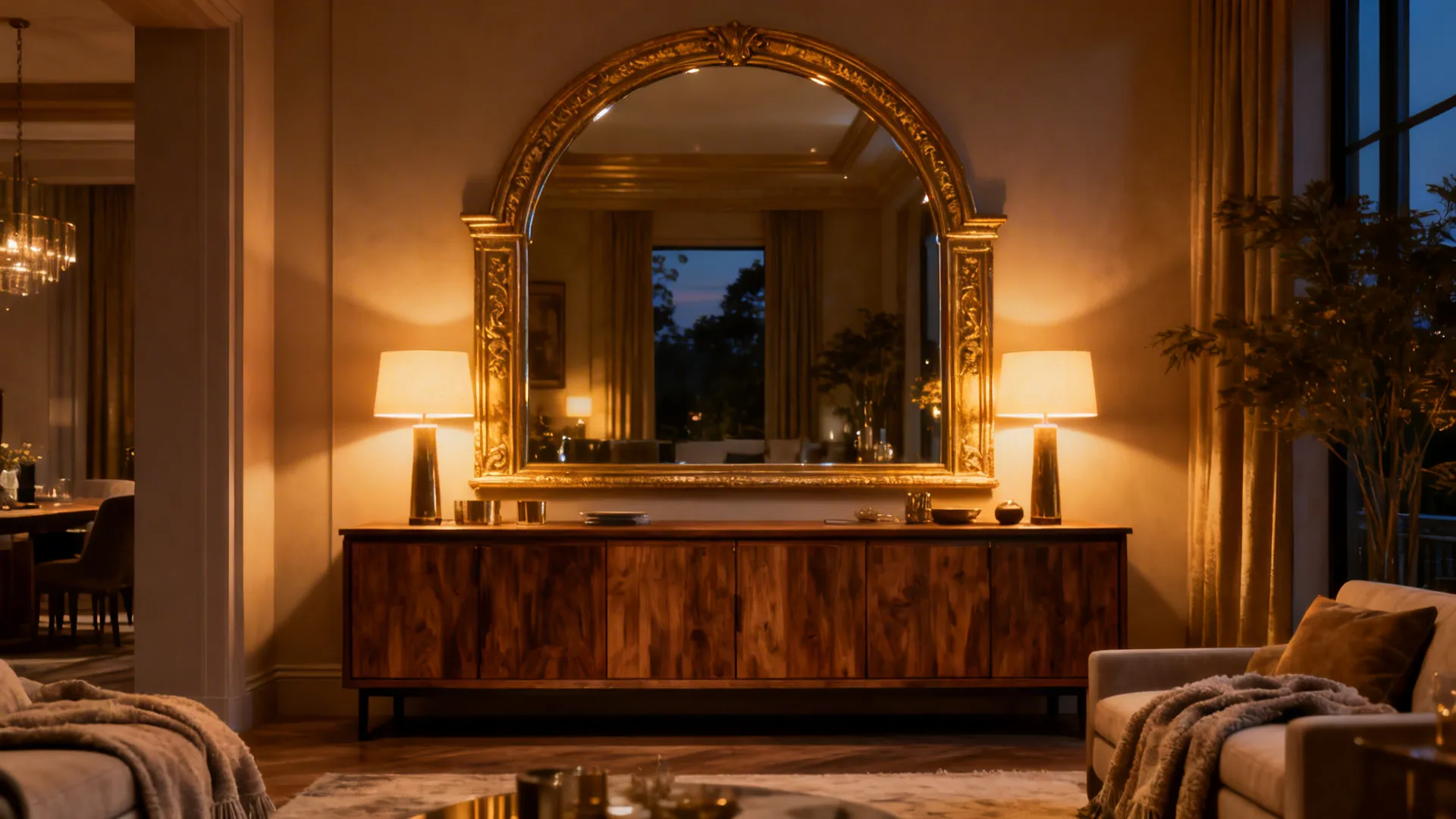 大型拱形装饰镜置于餐区，反射光线并视觉上扩展空间