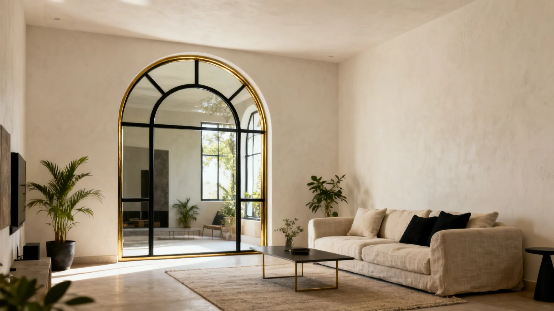 Oversized arched mirror with brass frame anchoring a compact living room and reflecting window light.