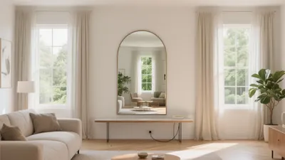 Serene Living Room with Arched Mirror and Natural Light