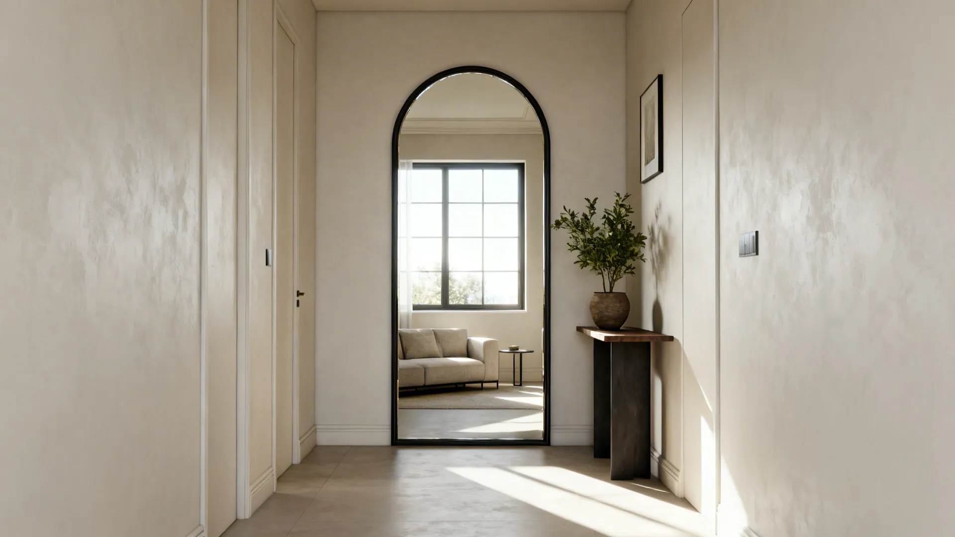 Arched full-length mirror reflecting a window to brighten and visually enlarge a living area