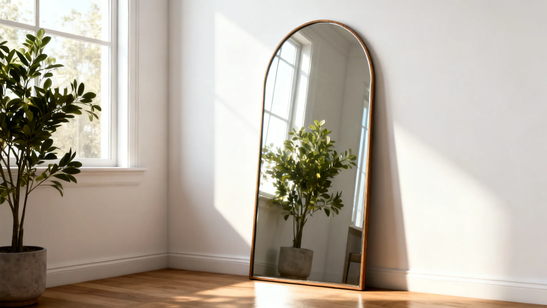 Arched mirror reflecting light and a plant, brightening a white living room.