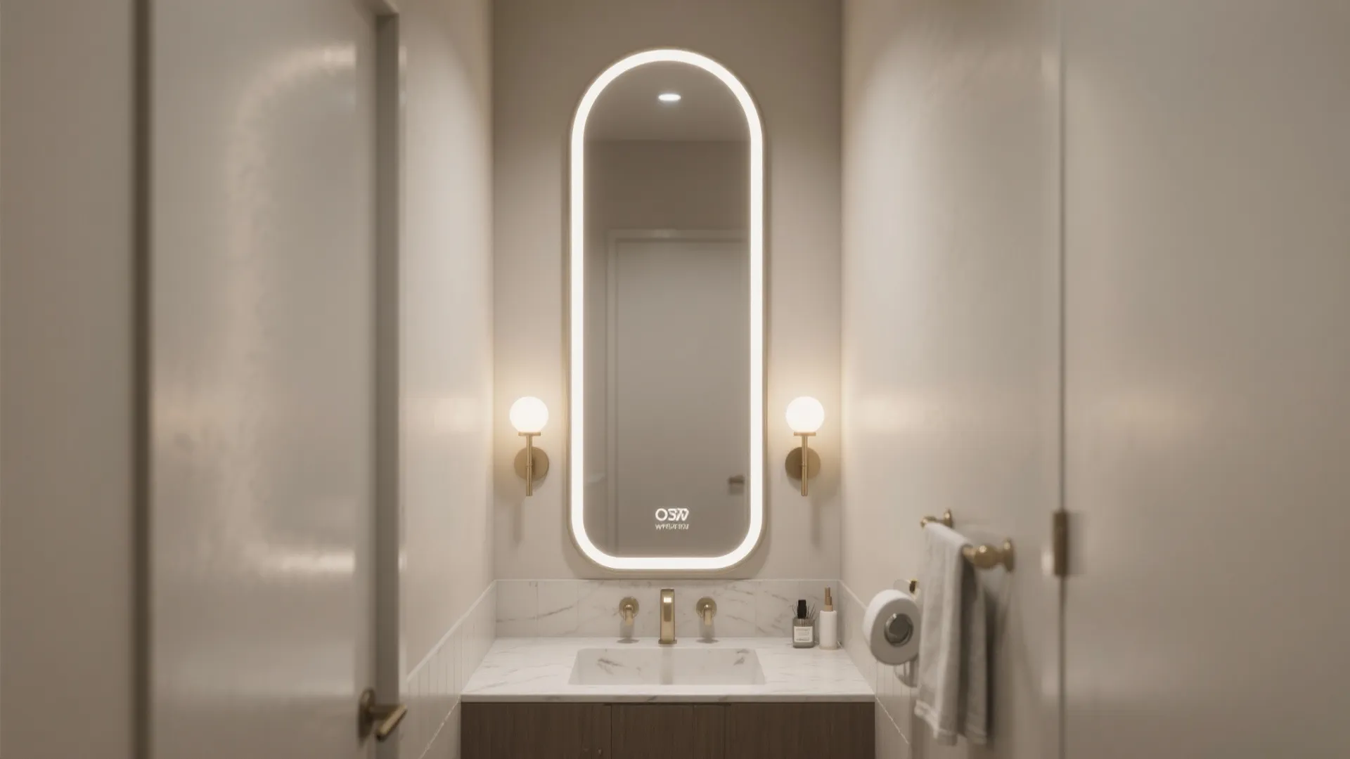 Tall arched mirror with vertical sconces expanding a narrow powder room