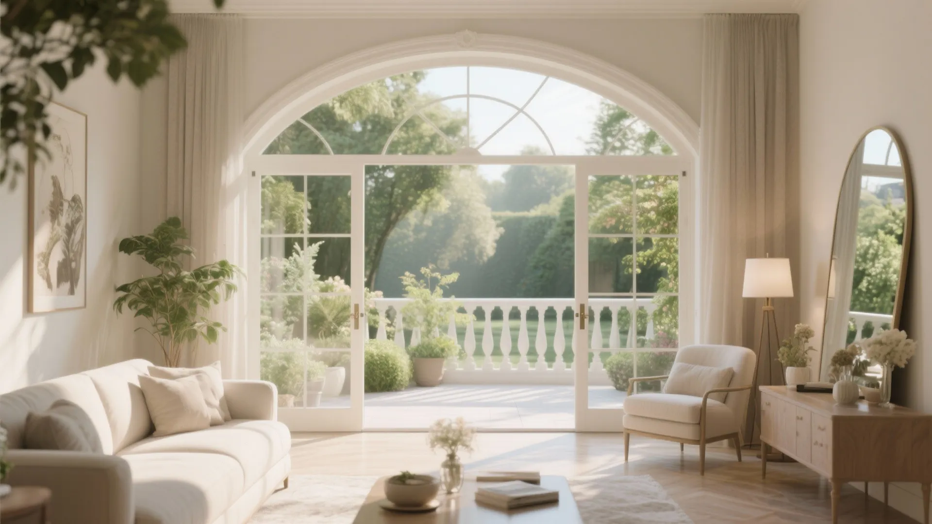 Arched mirror framing garden view from living room