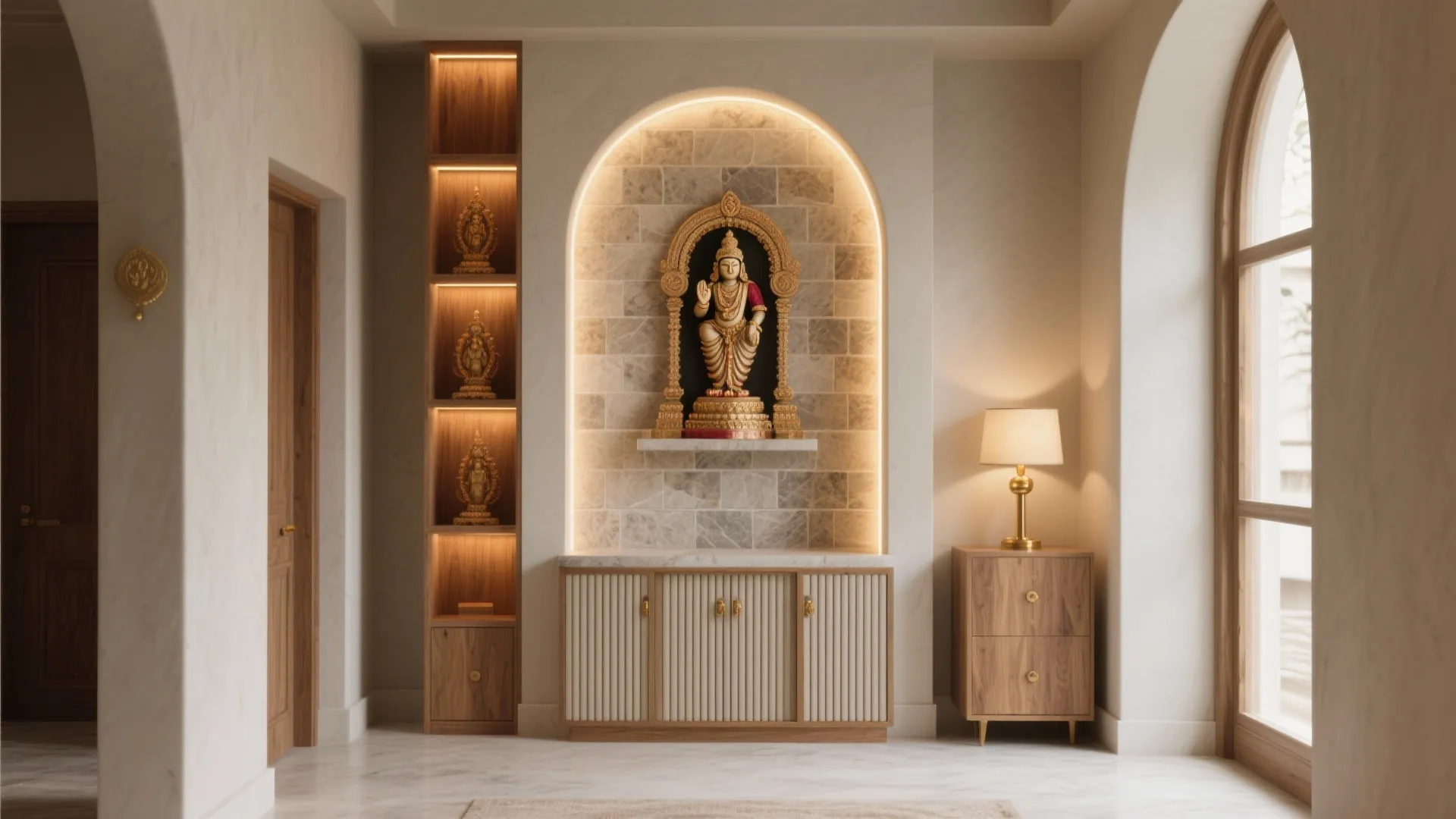 2) Tall niche, hidden storage, and a calm backdrop