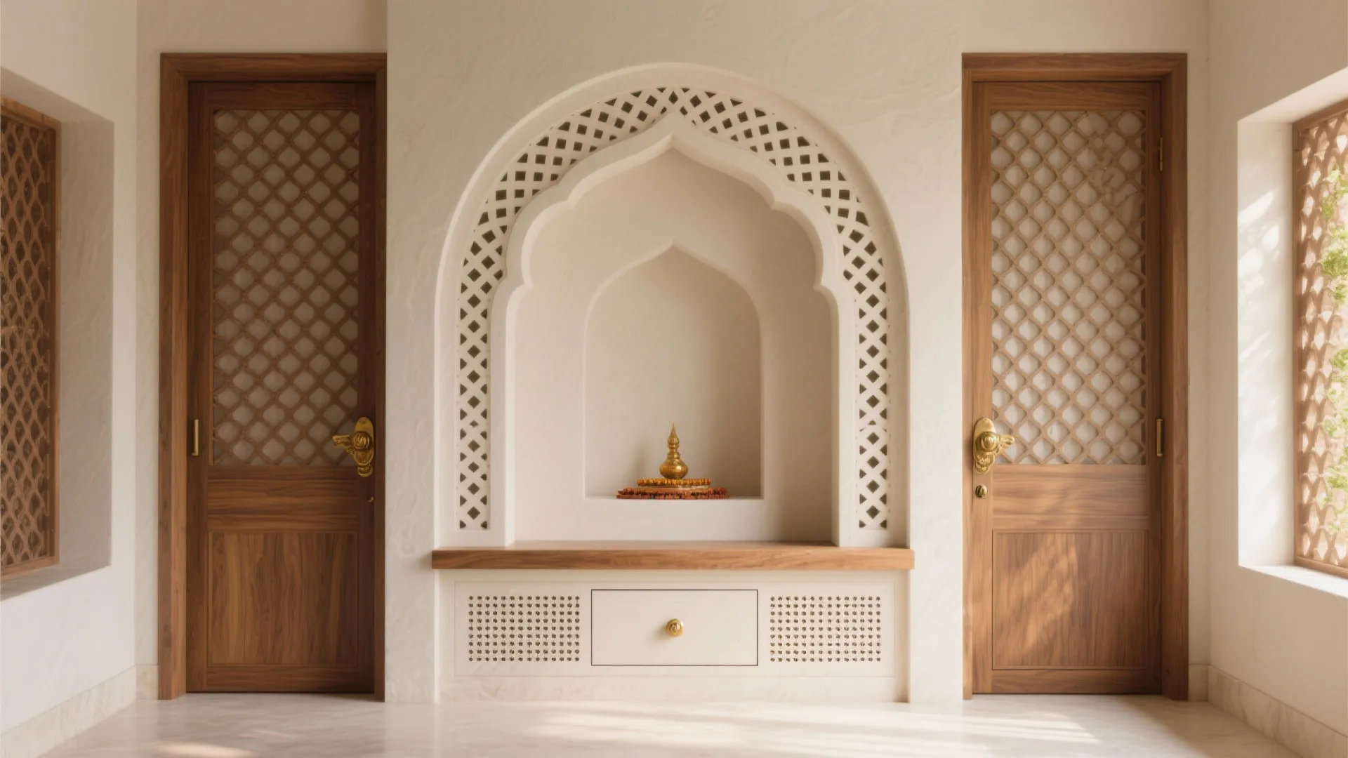 Built-in Niche Mandir With Arched Jaali Doors