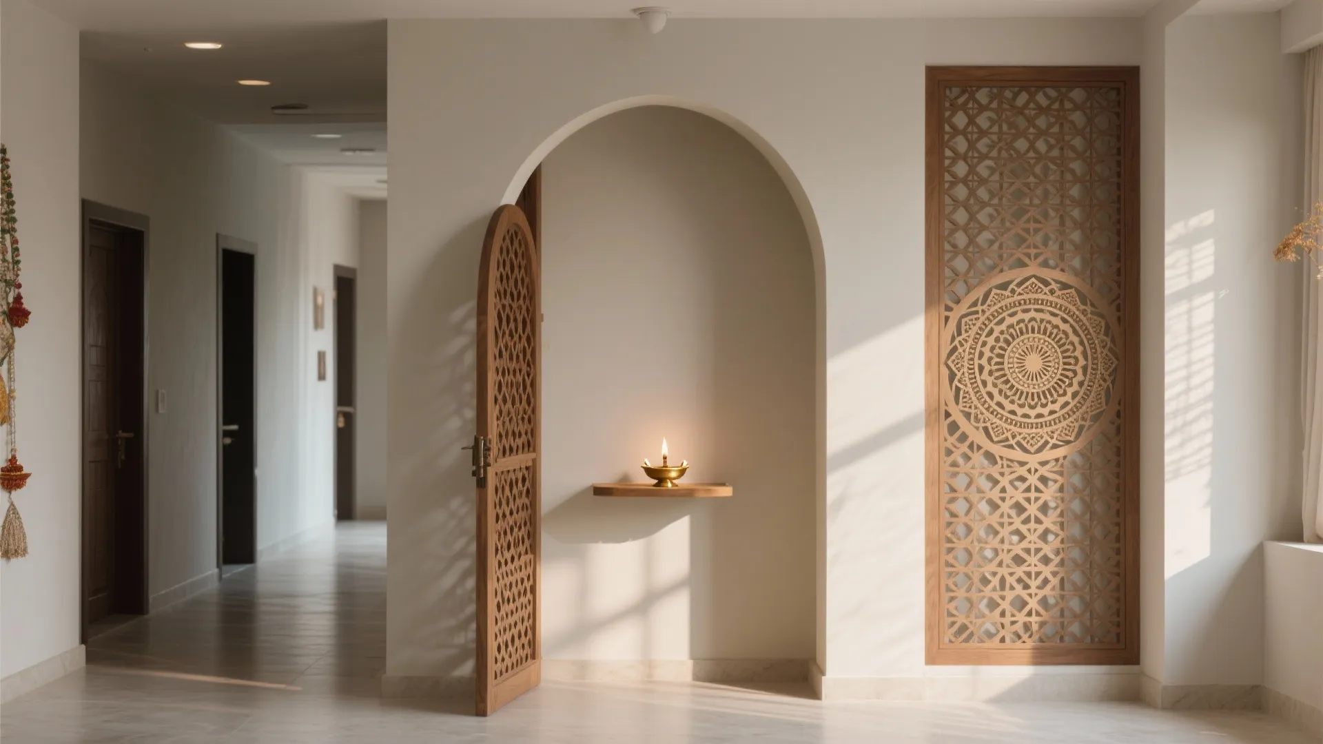 Modern arched pooja entrance with a subtle removable jaali panel and soft light.
