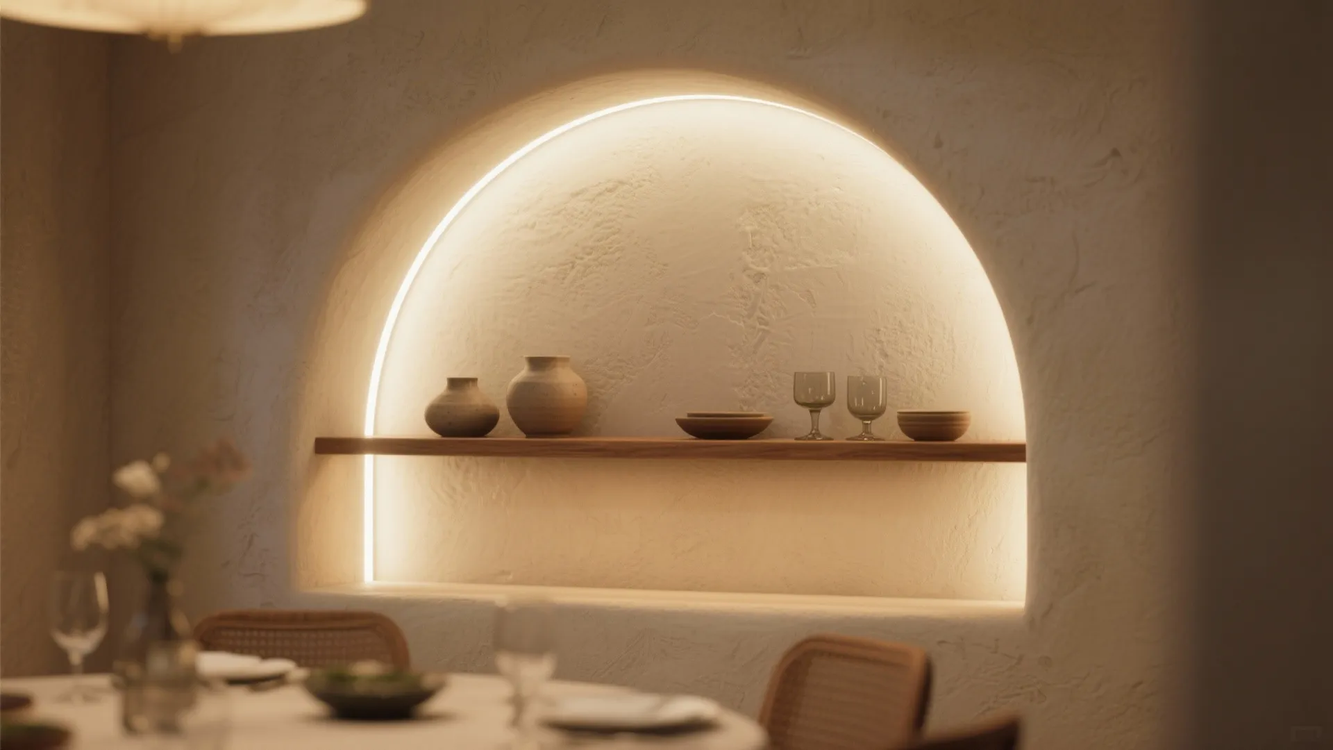Arched wall niche with wooden shelf holding ceramic vases and warm built in light fixture