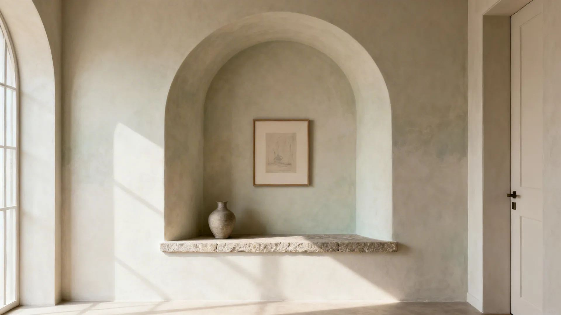 Modern living room with a shallow arched wall niche finished in matte limewash.