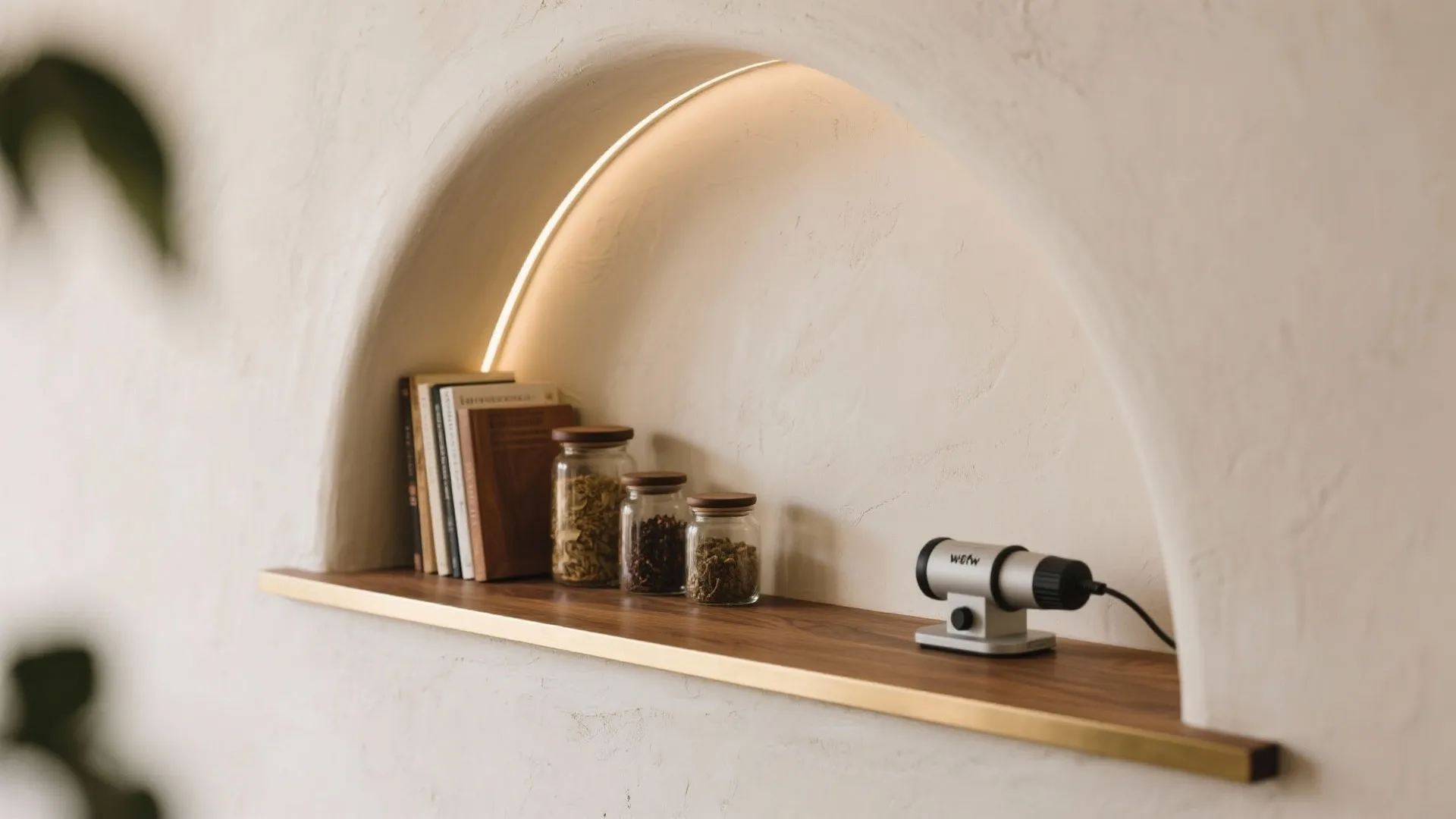 Arched wall shelf with light strip holding books, glass jars, and a small electronic device