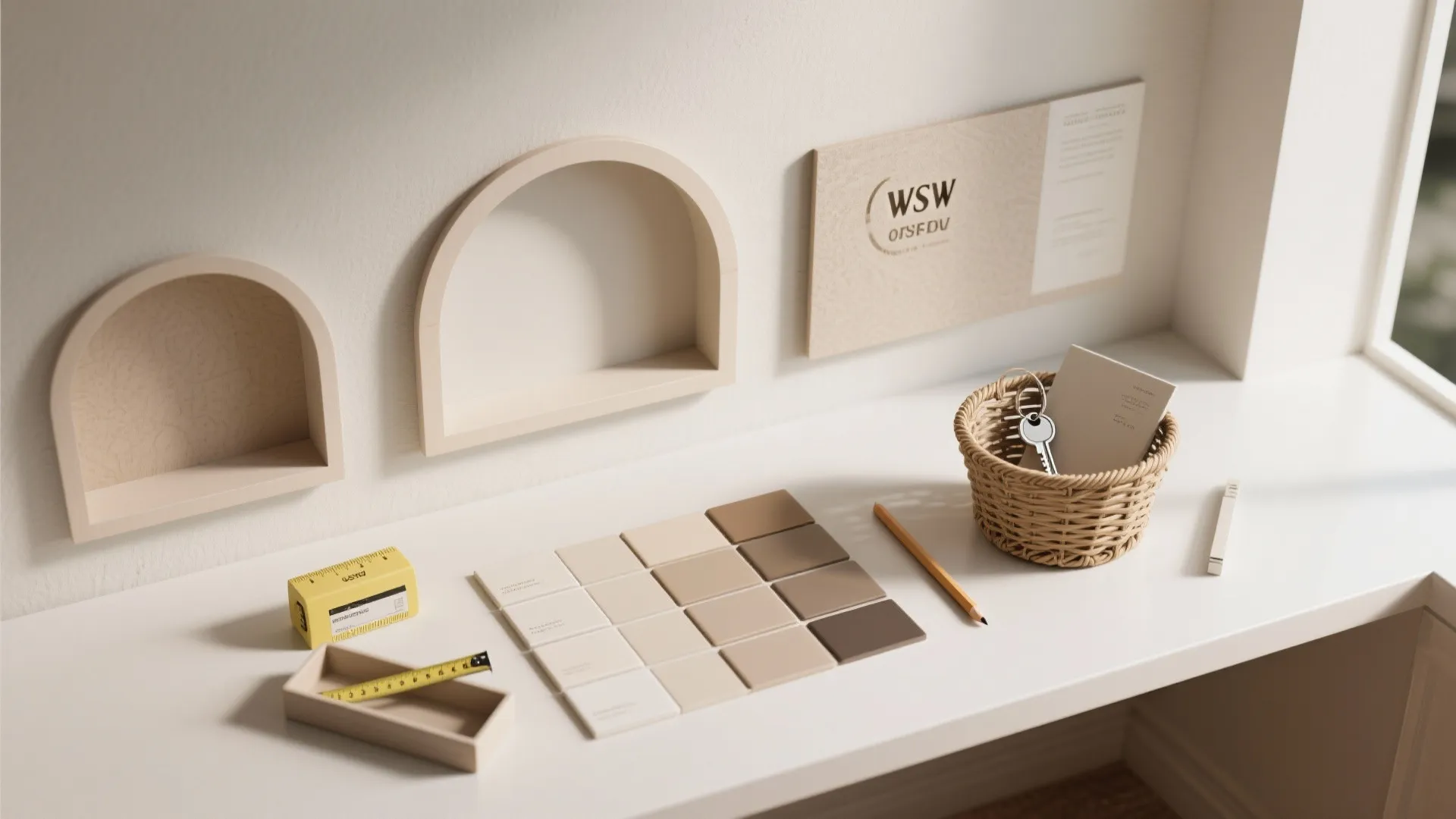 White desk with color swatches two small arched wall shelves a basket and measuring tape tool