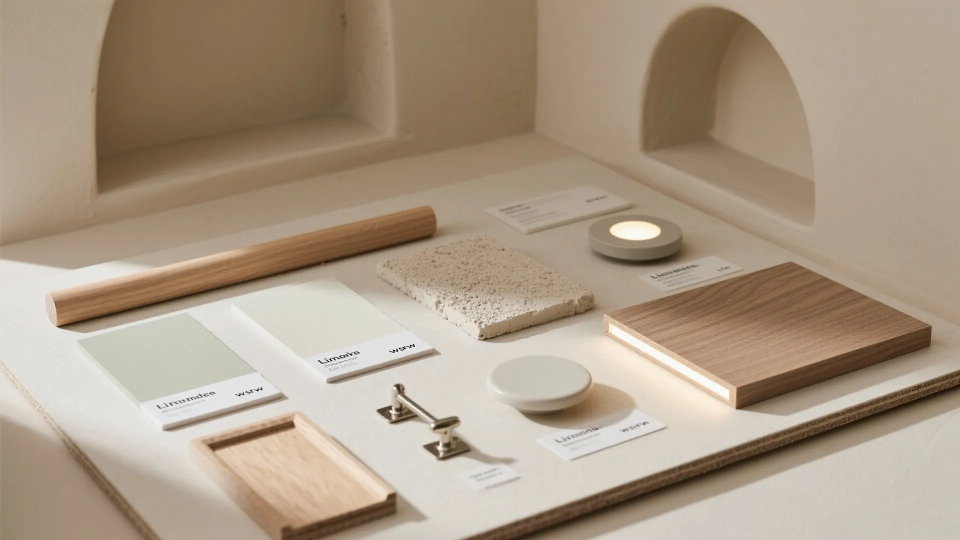 Interior design material board showing wood samples paint swatches stone texture and small light fixture