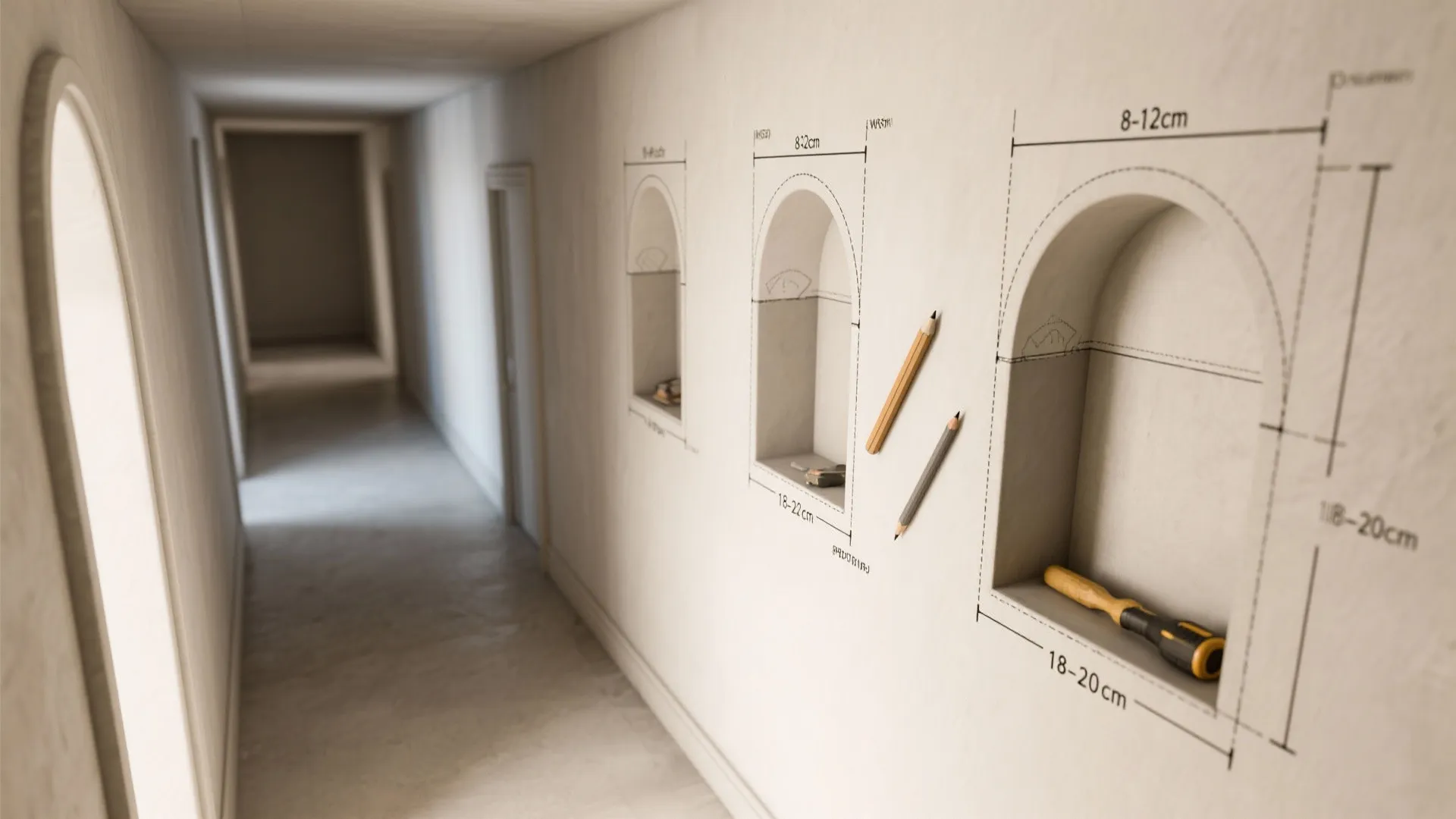Interior hallway showing arched wall niches with measurement lines pencils and tools for construction process