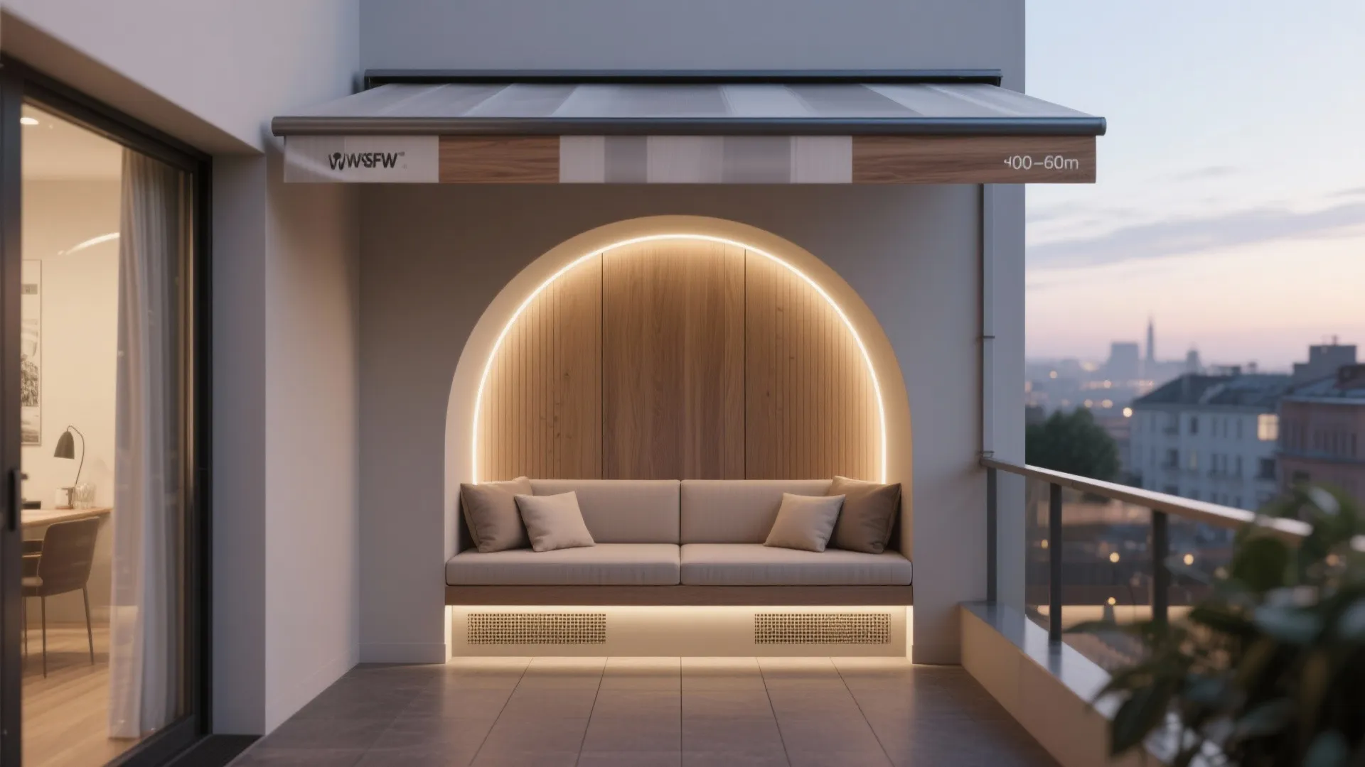Arched niche bench with a curved micro-canopy and soft LED lighting at a balcony threshold.