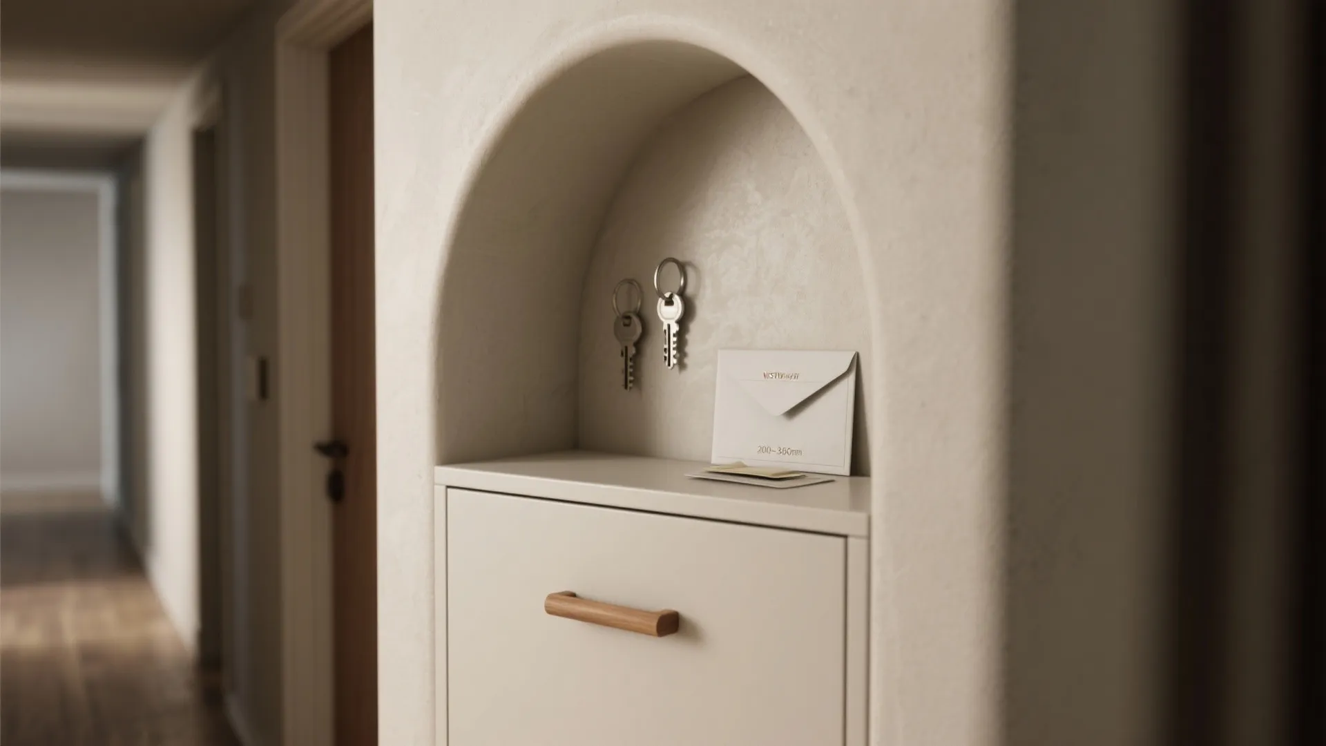 Built-in storage under an archway niche