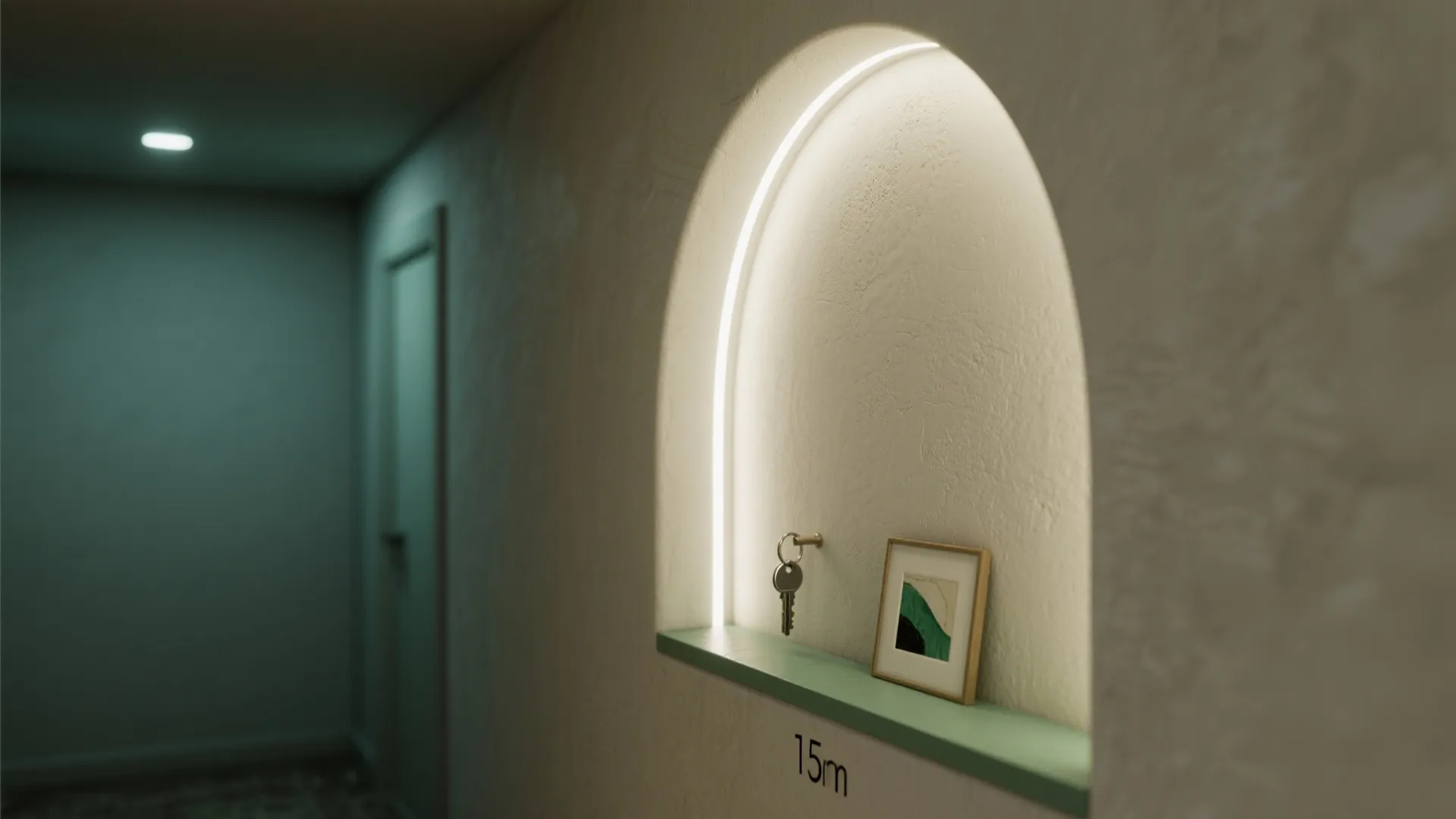 Interior wall with arched recessed shelf featuring a warm light strip keys and small picture