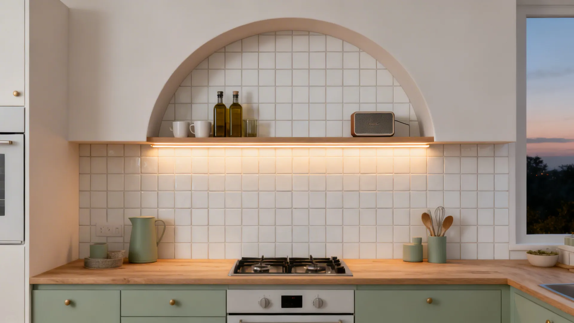 Kitchen wall with a tiled arched niche above the counter lit by a concealed LED strip.