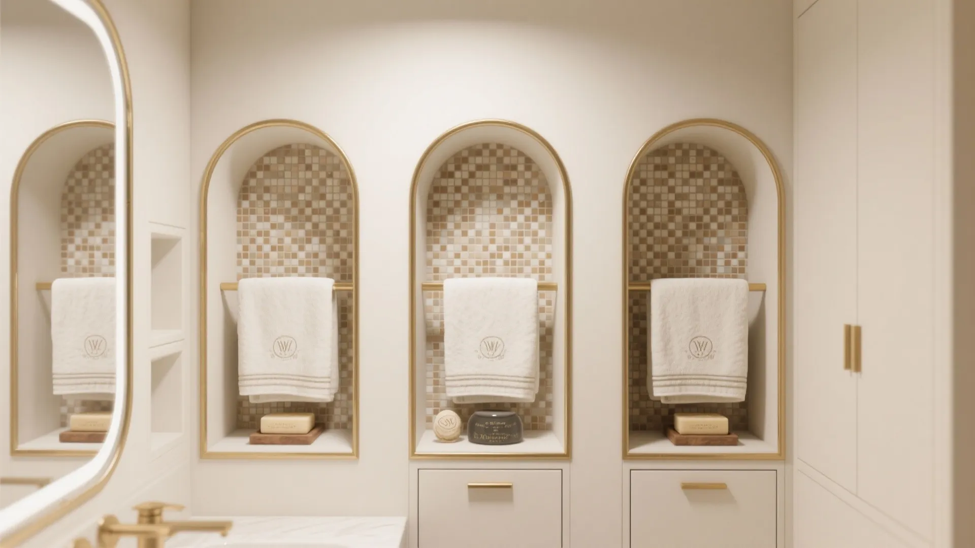 Luxury bathroom wall with three arched niches featuring mosaic tiles towels soap and gold trim