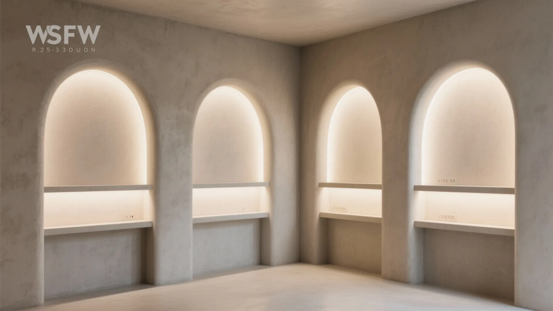 Minimalist room corner featuring four arched wall niches having integrated shelves and warm soft backlighting