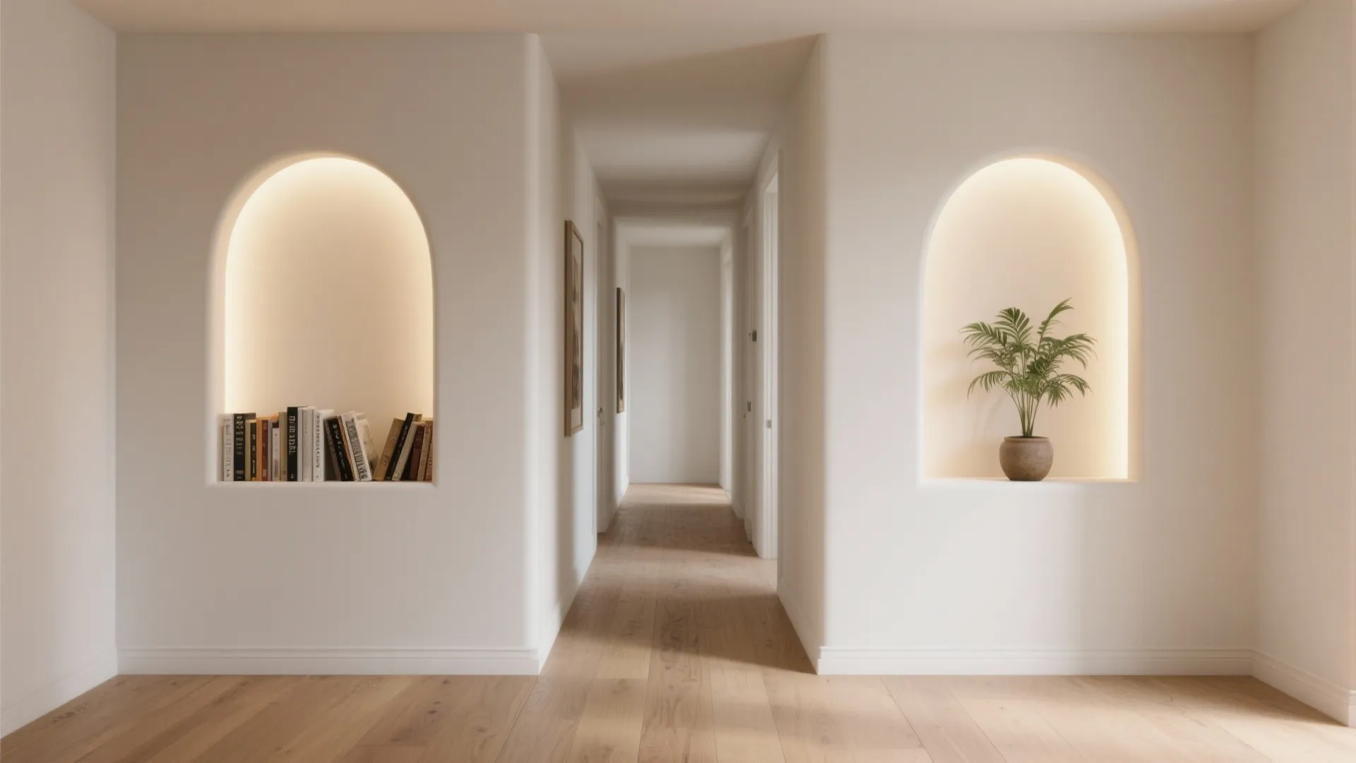 White hallway with two lit arched wall niches containing books green plant and wooden floor