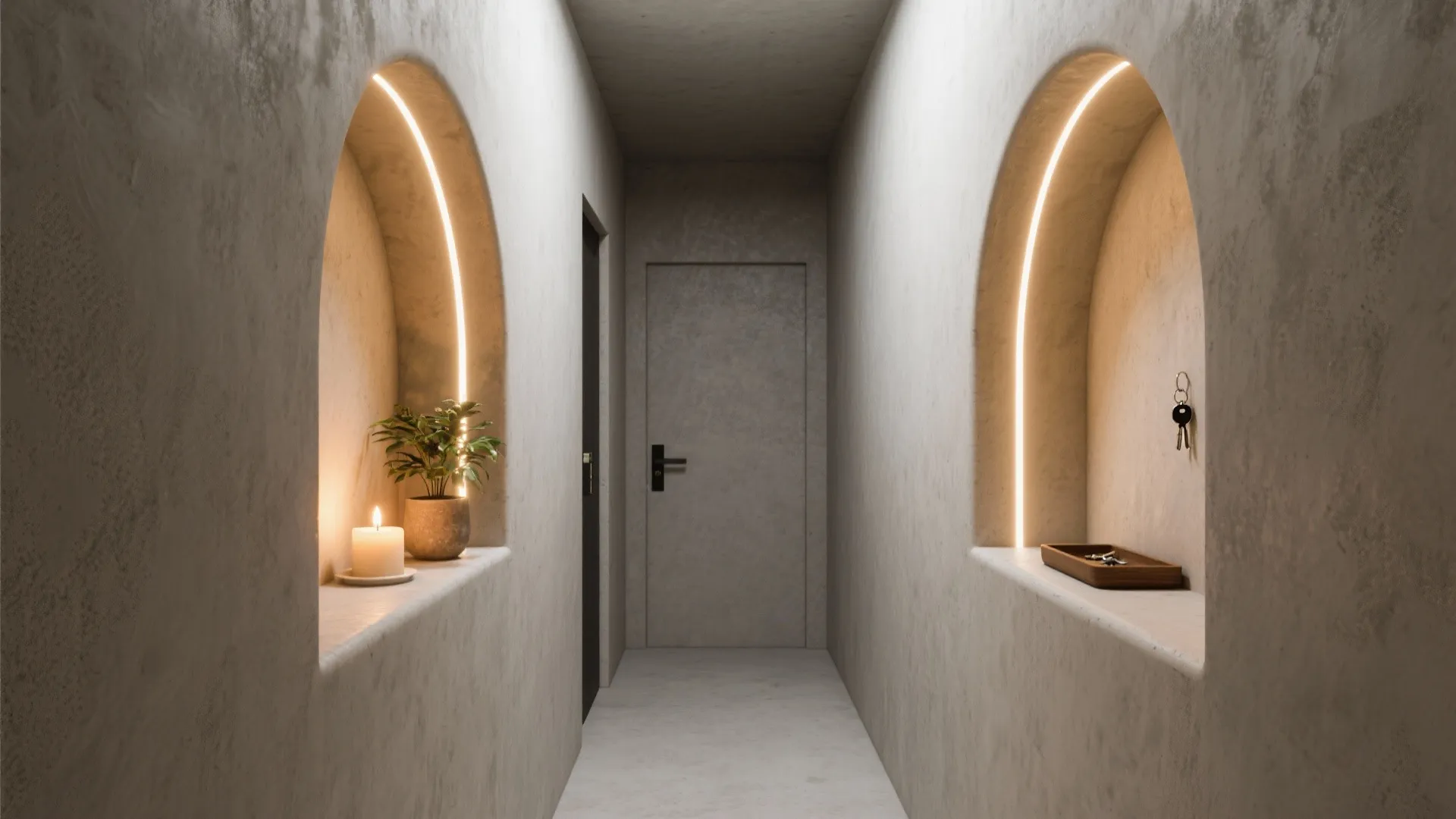 Hallway with arched wall niches featuring LED light strips, a small plant, and a candle