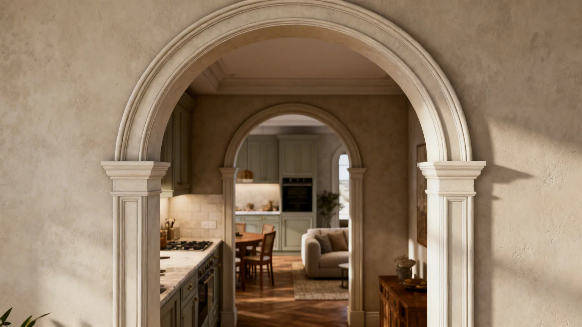 Arched interior opening with refined trim between kitchen and living room showing detail and proportions