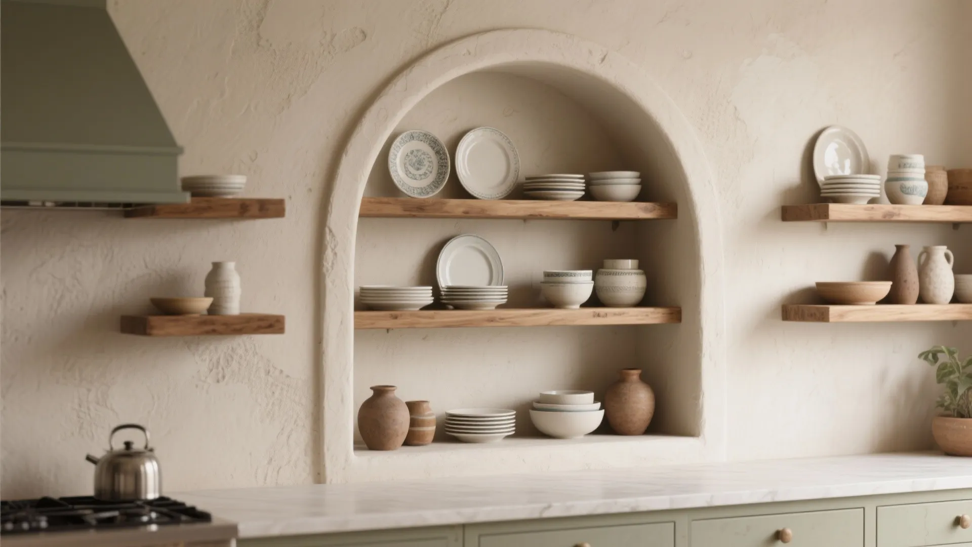 Arched open shelving and a small niche trim in a kitchen, styled with pottery and dishes for an affordable arched look.